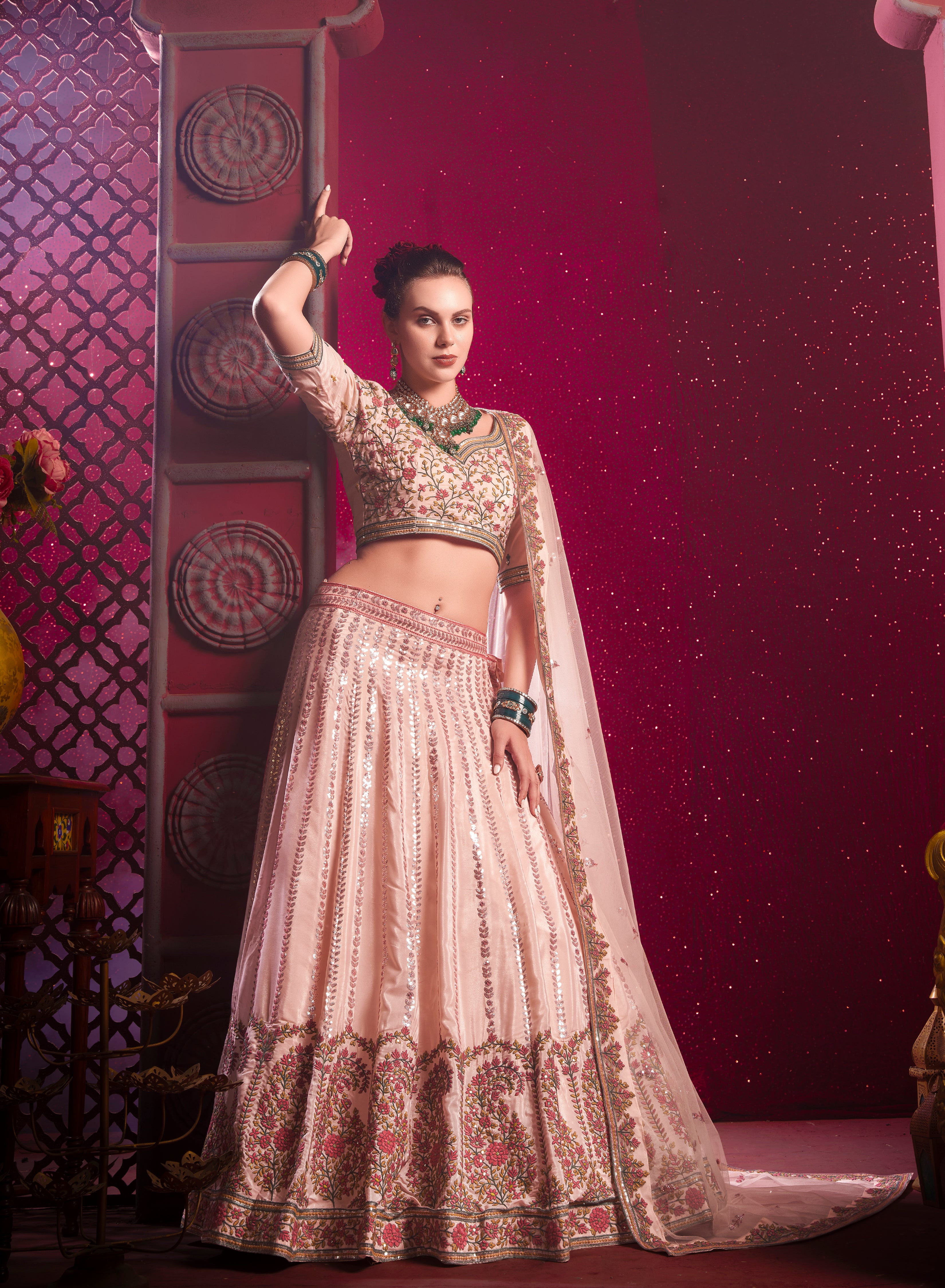 Peach Lehenga in Vanilla Shine Silk with Sequins &amp; Thread Embroidery