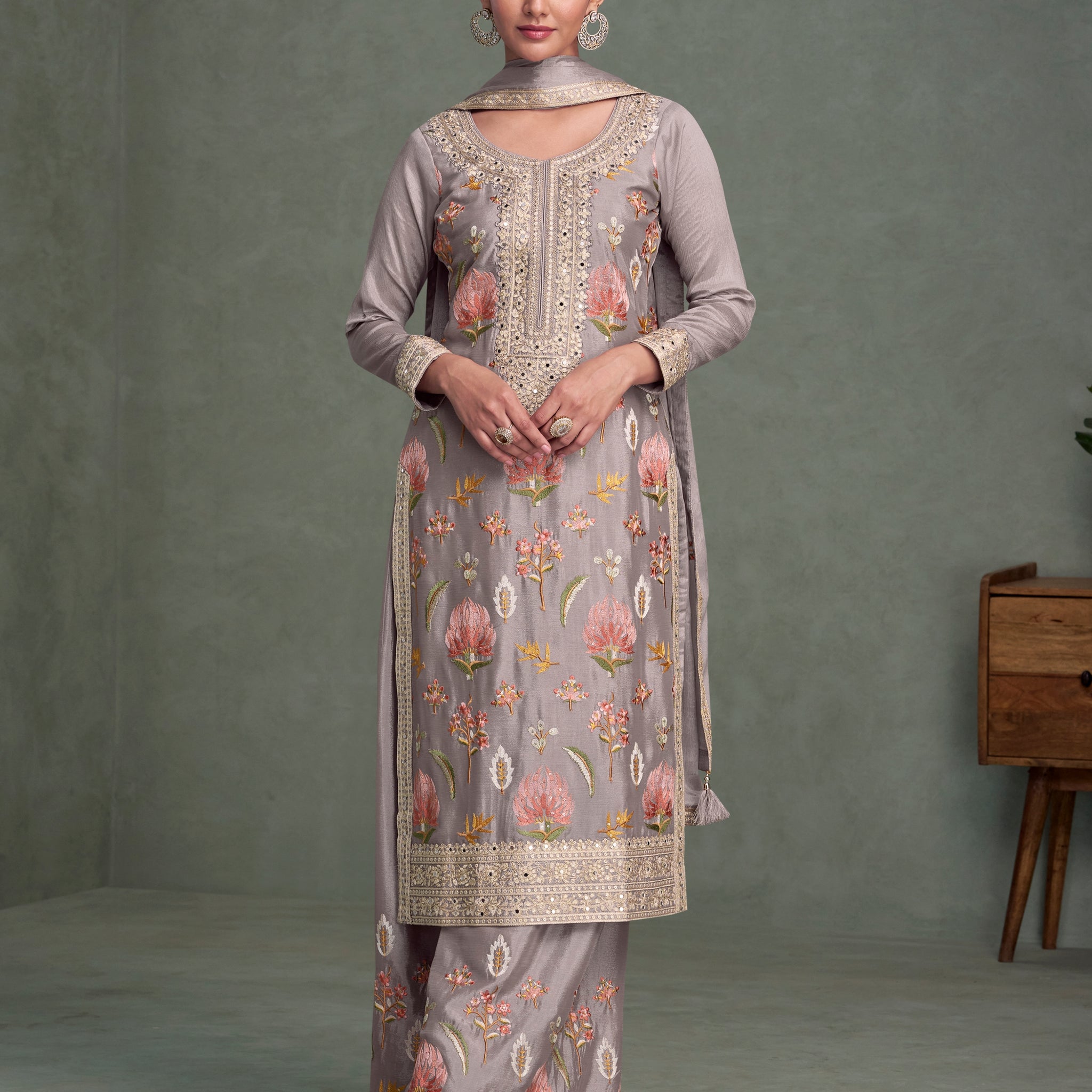 Lavender Grey Chinnon Silk Palazzo Suit