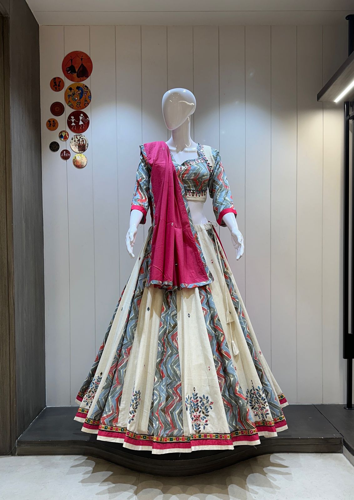 Blue pink khadi chaniya choli with mirror work

