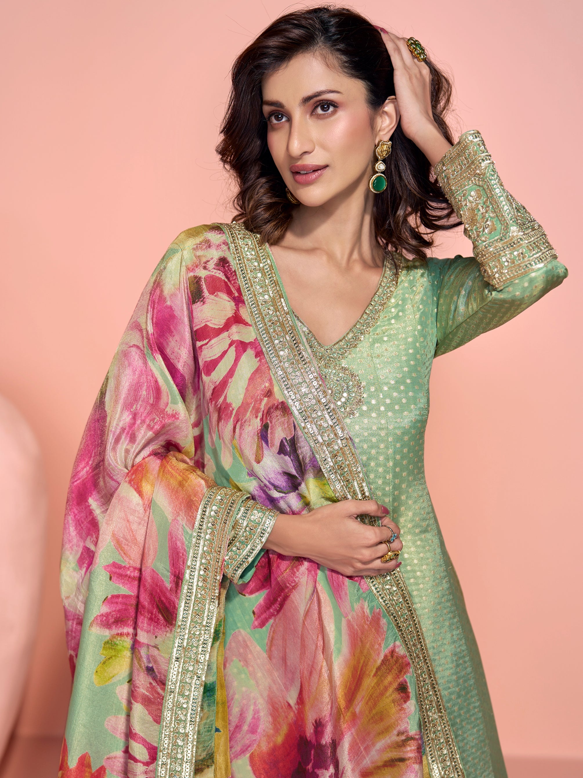 Sage Green Heavy Embroidered Anarkali Suit