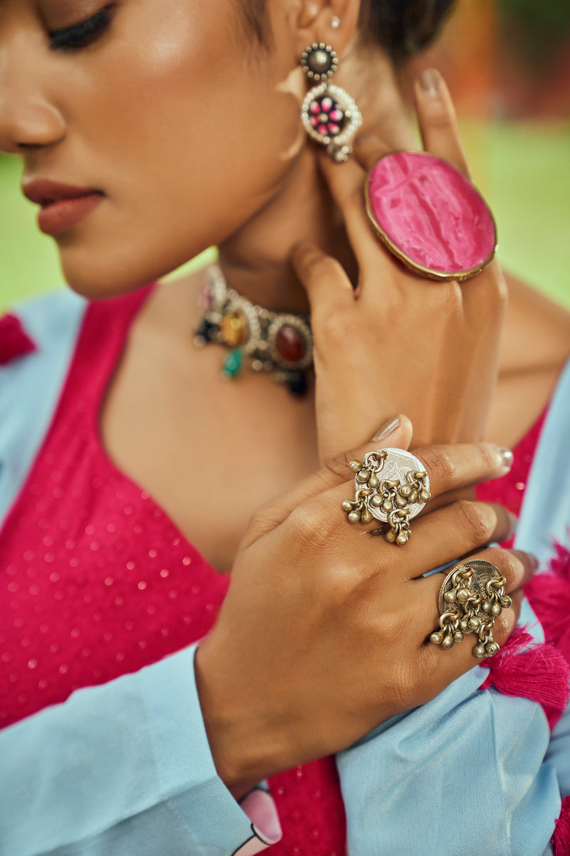 Sky blue lehenga with hot pink choli
