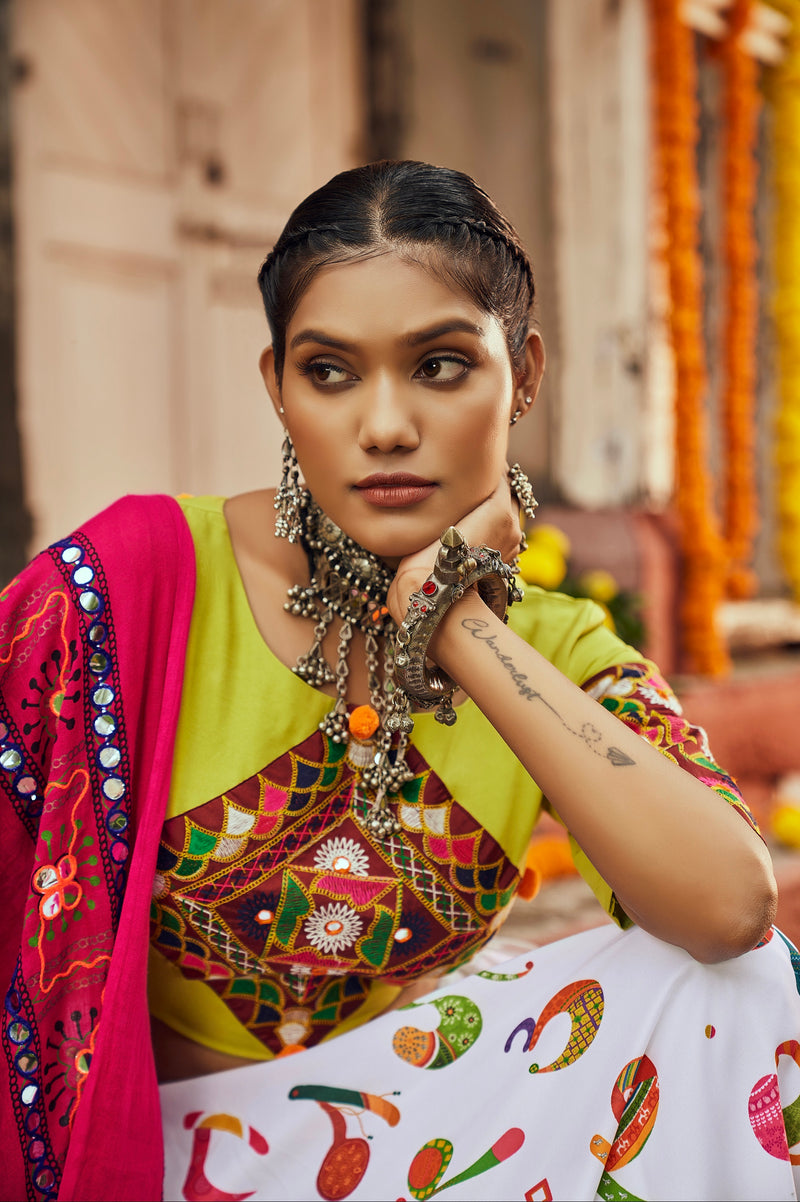 Multicolor printed Garba lehenga with pink dupatta