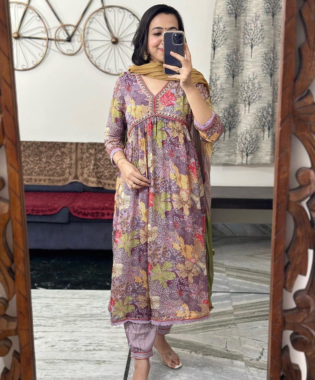 Beautiful Party Wear Pure Muslin Alia Cut Suit With Dupatta - Anant Exports