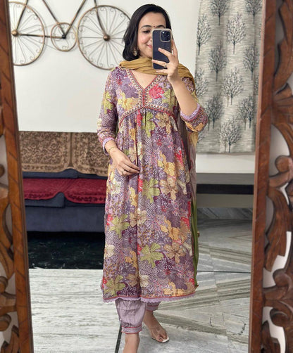 Beautiful Party Wear Pure Muslin Alia Cut Suit With Dupatta - Anant Exports