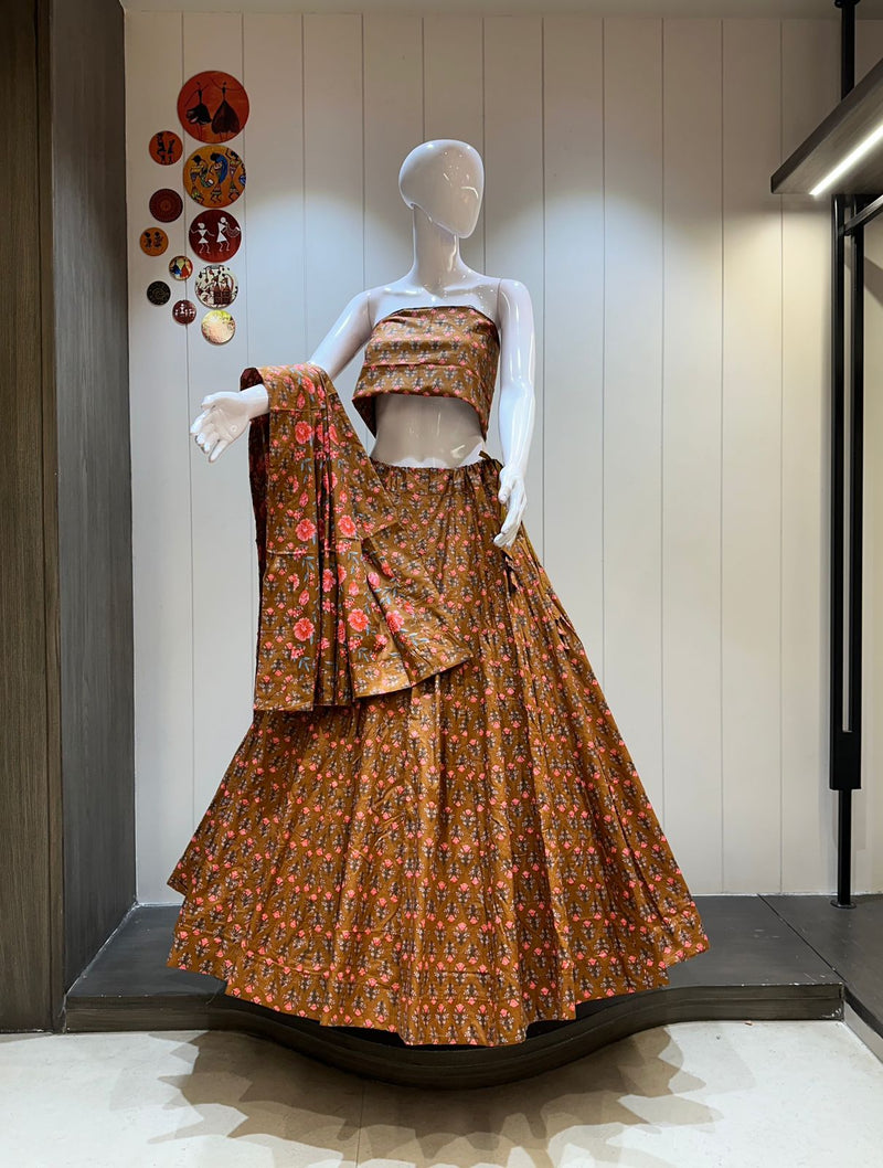 Rust Orange Cotton Chaniya Choli with Ethnic Print for Garba Night

