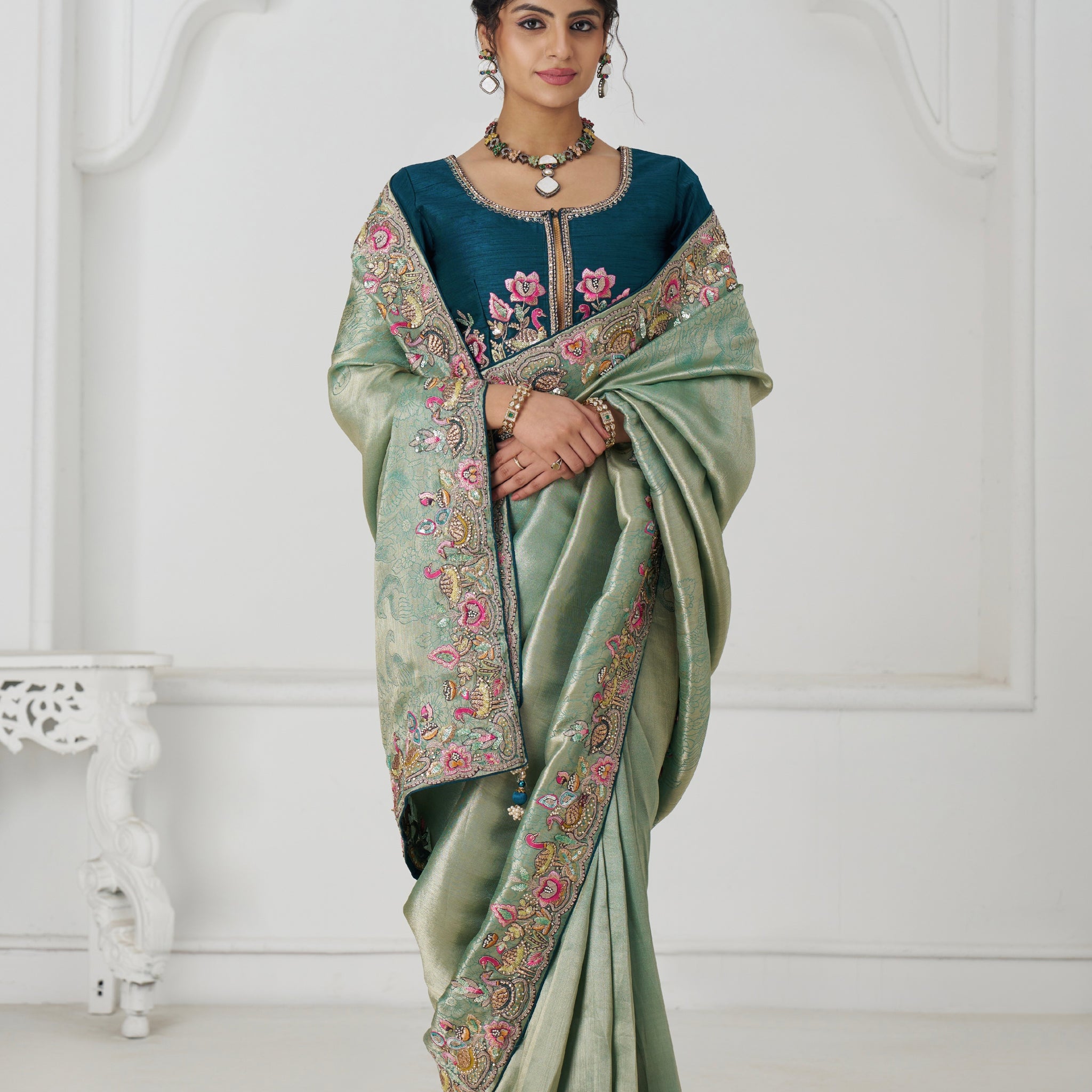 Green Dola silk saree with bead and sequin embroidery