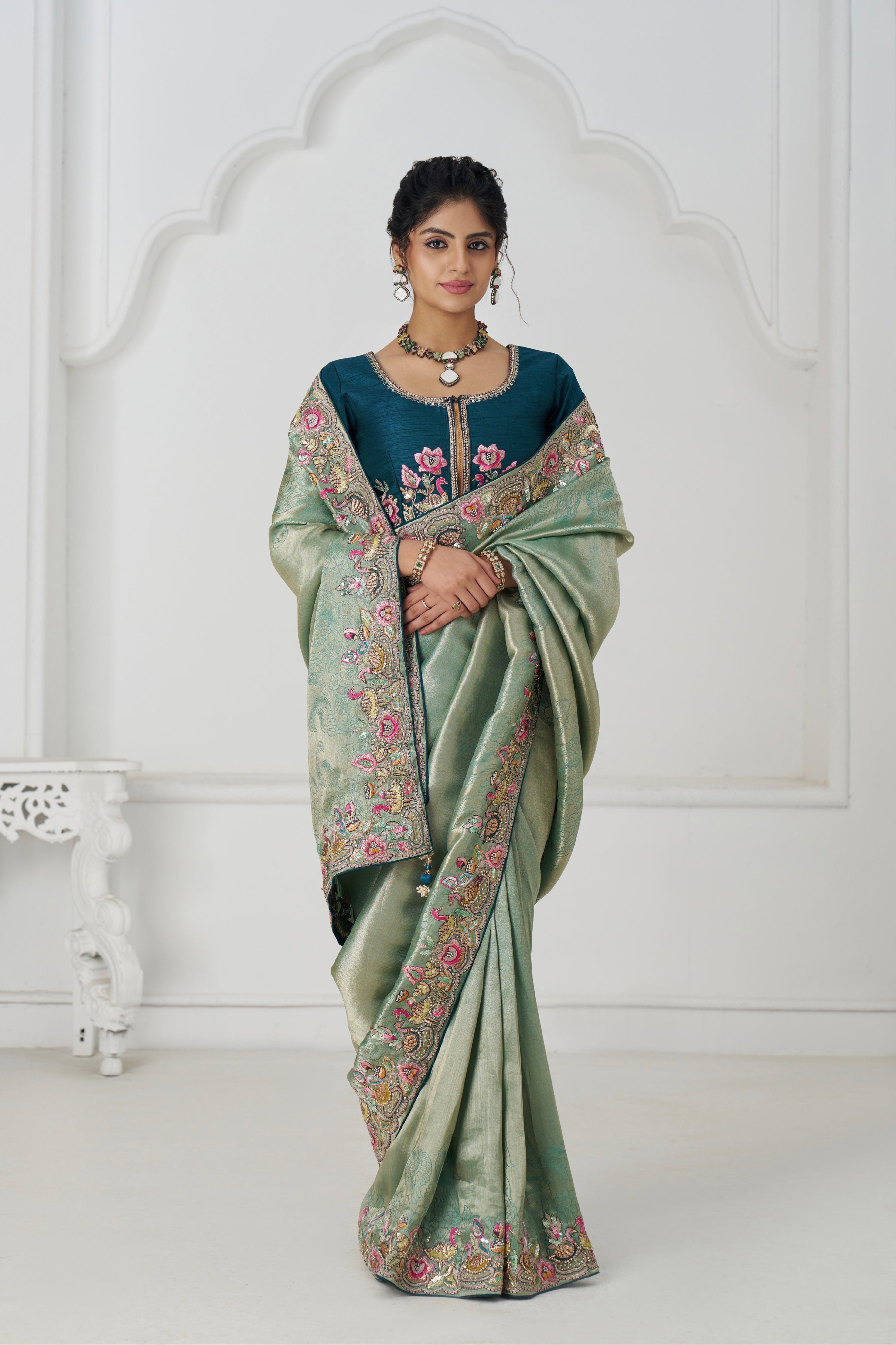 Green Dola silk saree with bead and sequin embroidery