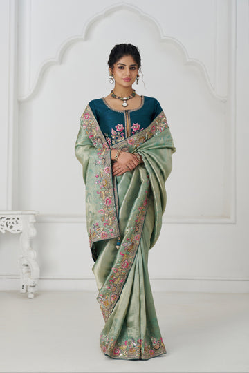 Green Dola silk saree with bead and sequin embroidery