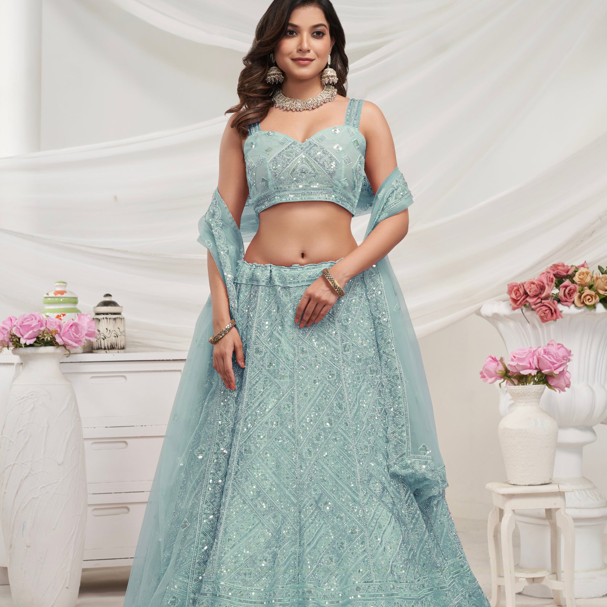 Sky Blue Net Lehenga with Sequin & Cut Dana - Bridal Ensemble