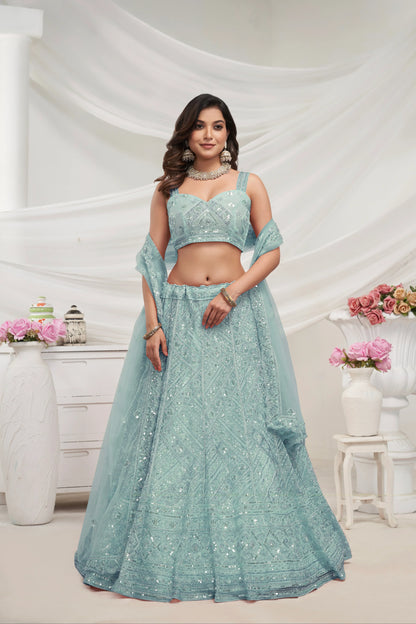 Sky Blue Net Lehenga with Sequin &amp; Cut Dana - Bridal Ensemble