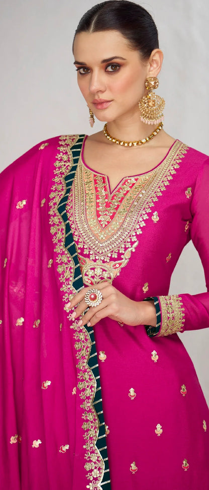 Pink Chinnon Silk Anarkali Suit with Embellished Skirt &amp; Dupatta
