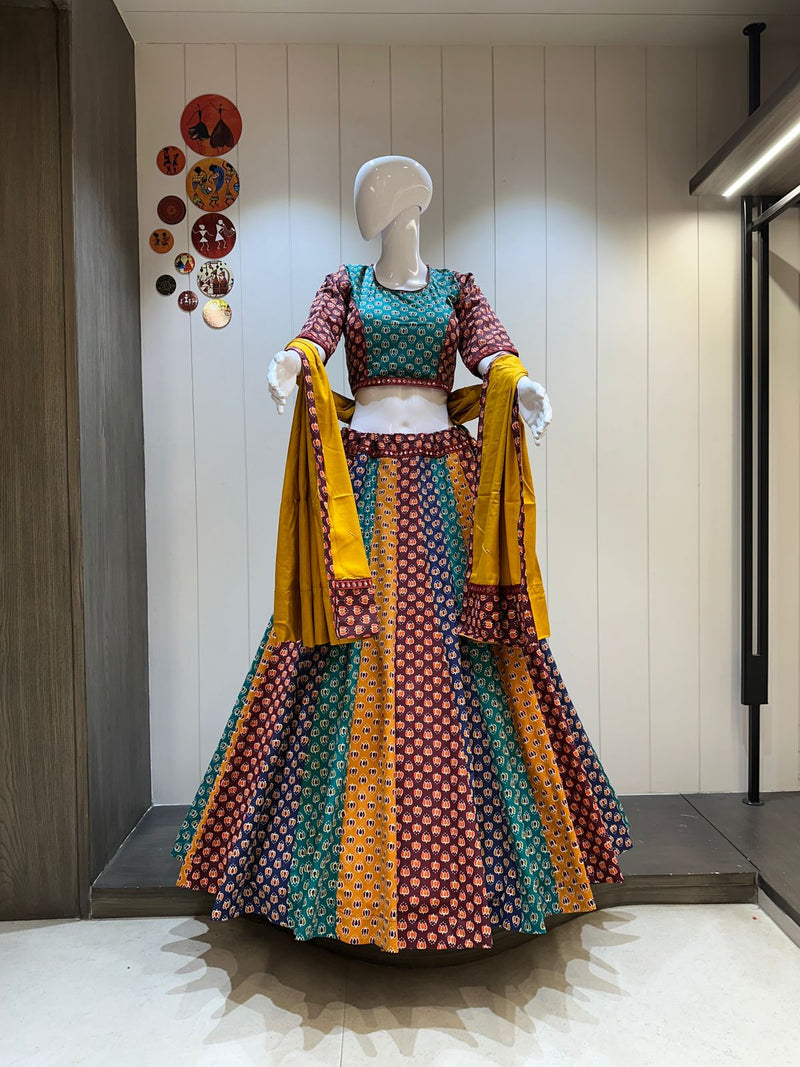 Multi-color camric cotton lehenga with mustard dupatta

