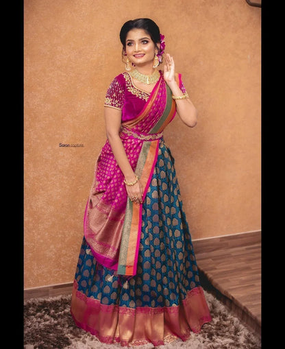 Beautiful Kanjiveram Silk Pure Zari HALF Saree with Blouse Along With Dupptta - Anant Exports