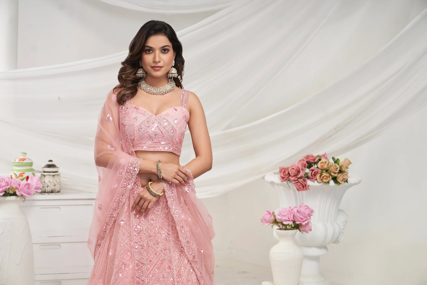 Peach Net Lehenga Set with Sequin &amp; Cut Dana Embellishments