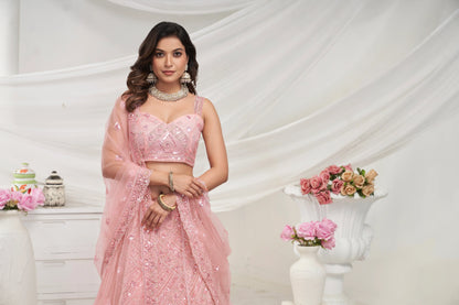 Peach Net Lehenga Set with Sequin &amp; Cut Dana Embellishments