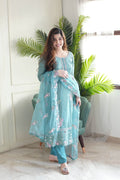 Sea Green Pure Chinon Kurti Set with Taby Organza Dupatta