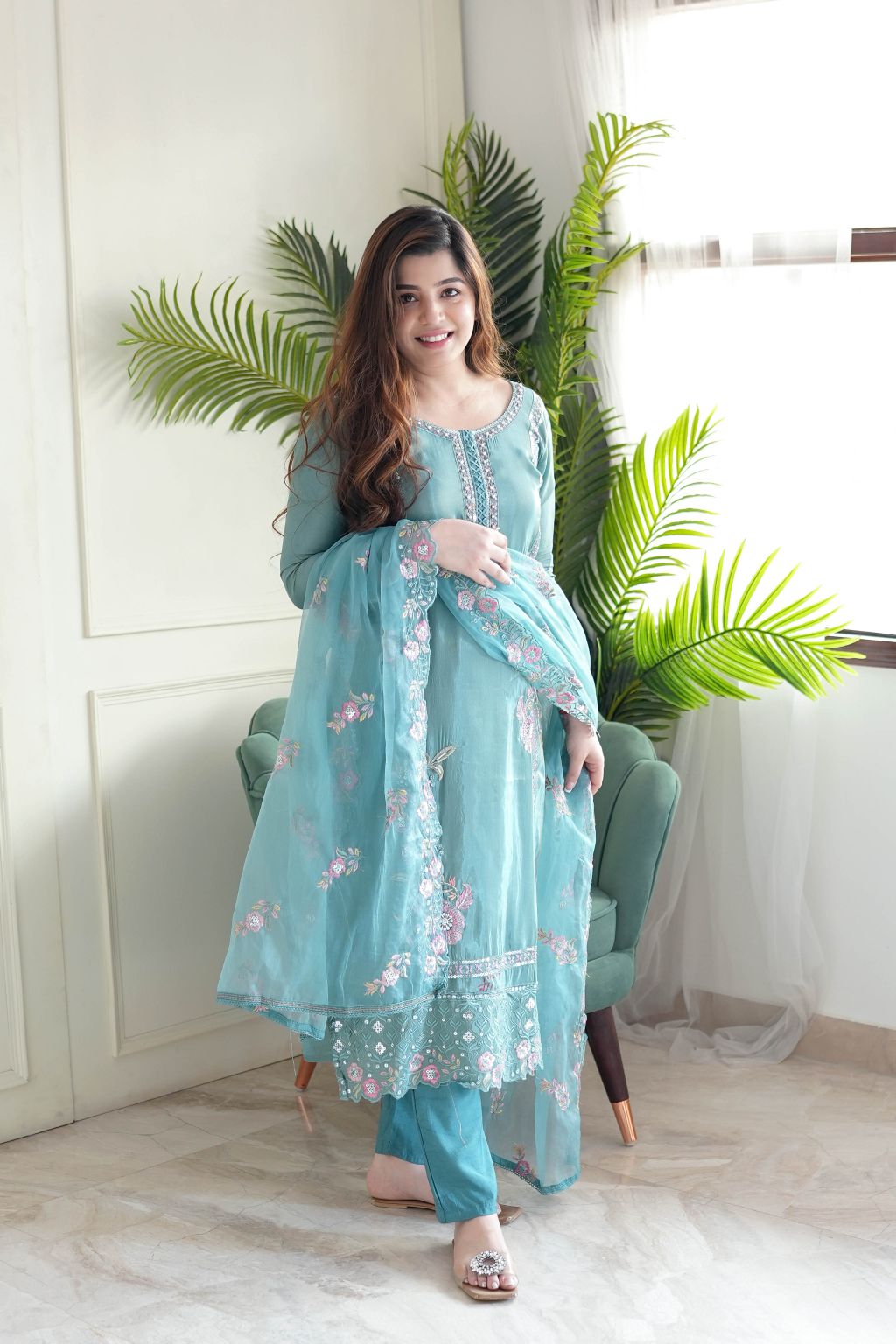 Sea Green Pure Chinon Kurti Set with Taby Organza Dupatta