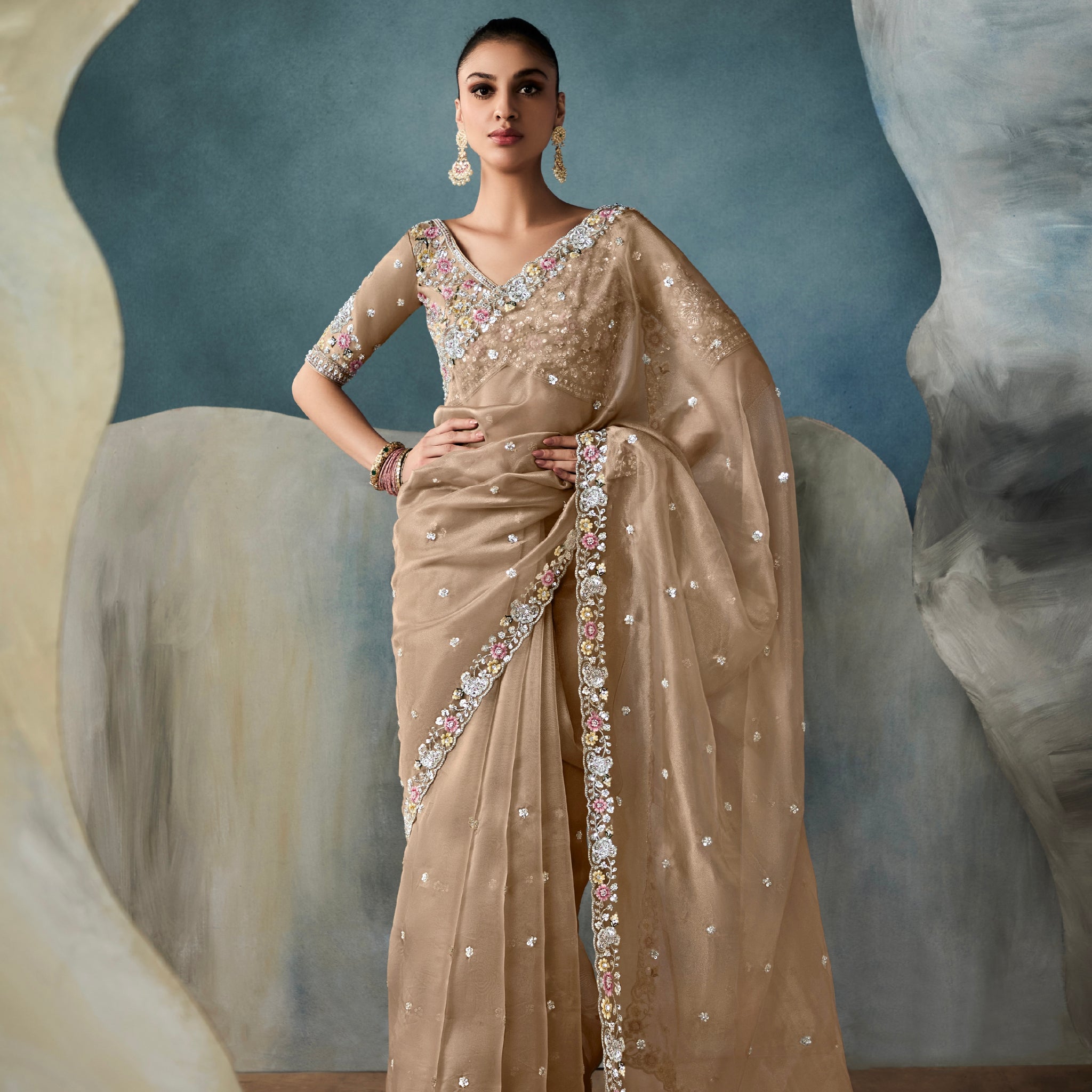 Champagne gold tissue saree with hand embroidery and cutwork border