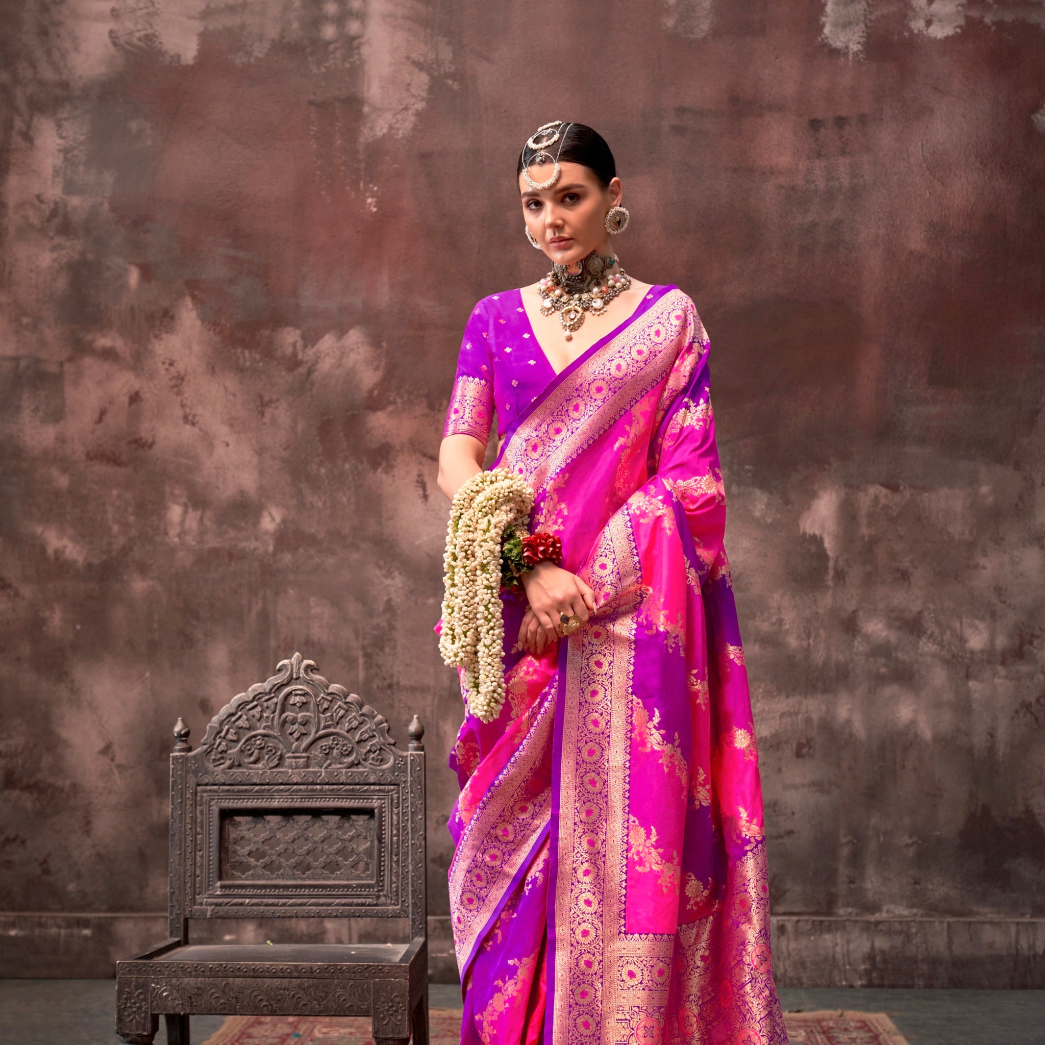 Pink & Purple Rangkaat Handloom Weaving Silk Saree
