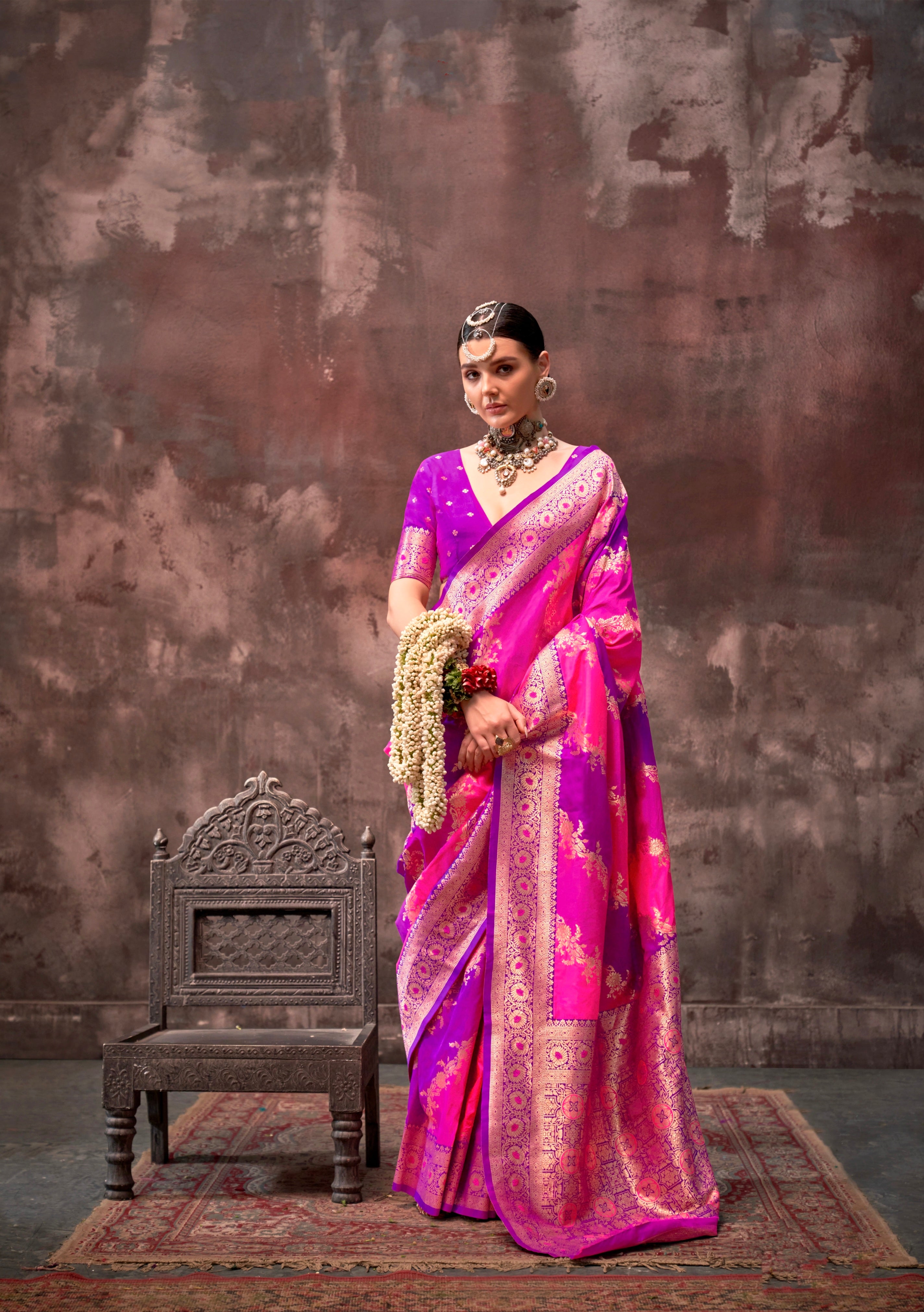 Pink &amp; Purple Rangkaat Handloom Weaving Silk Saree