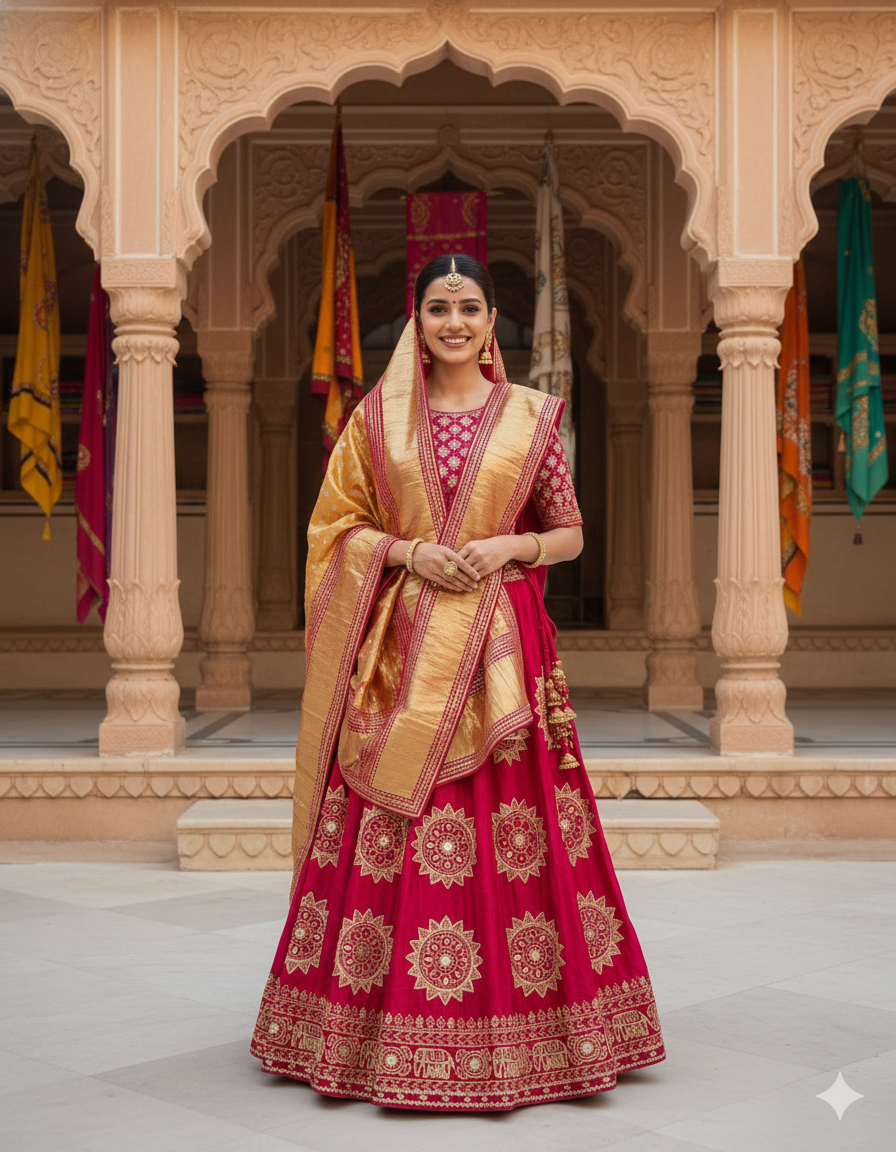 Maharani Pure Modal Gajji Silk Rajsthani Lehenga Choli ##color## Gharchola Lehenga Choli with premium fabric and embroidery