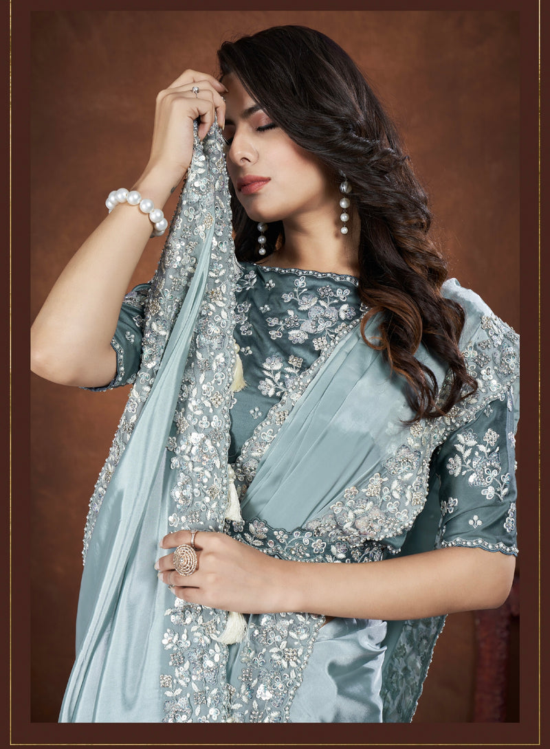 Beautiful Designer Festive Wear Heavy Crepe Satin Silk Saree