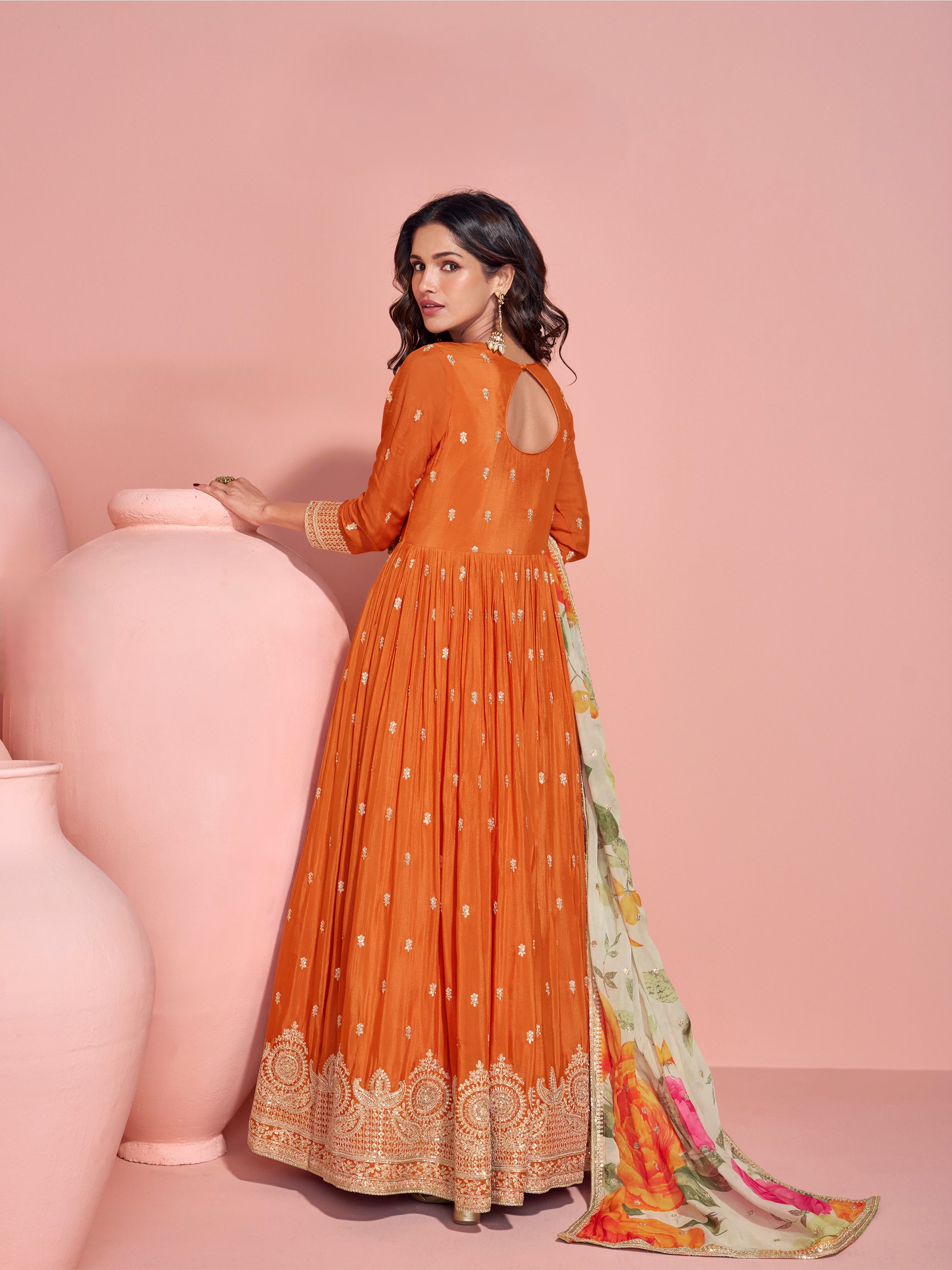 Burnt Orange Heavy Embroidered Anarkali Gown