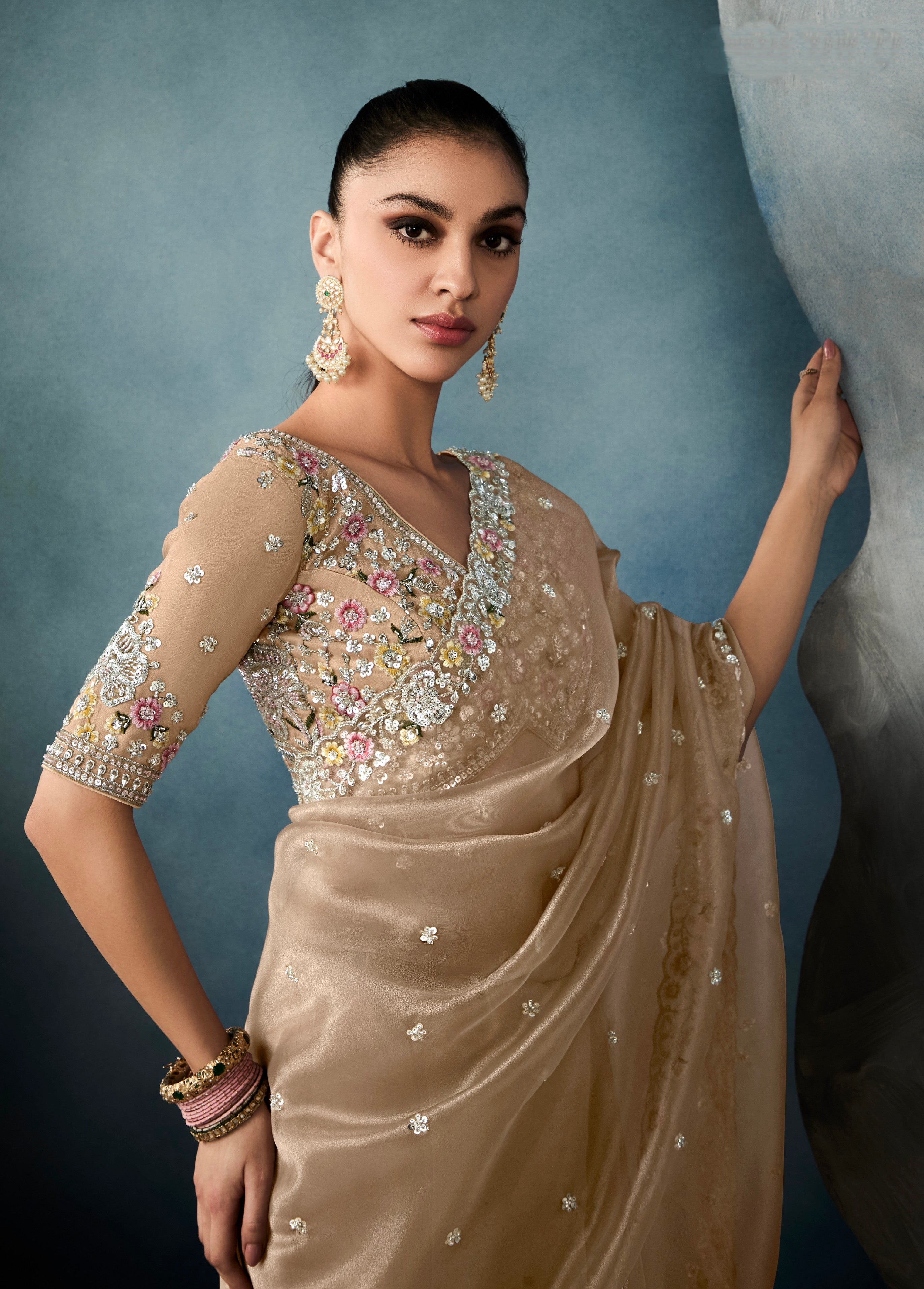 Elegant champagne gold tissue saree for weddings and parties


