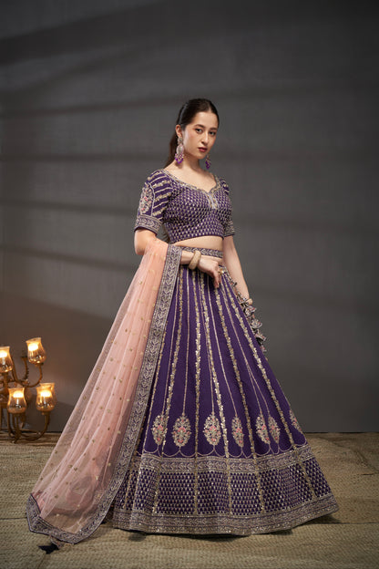 Purple Pure Silk &amp; Heavy Embroidery Bridal Lehenga &amp; Dupatta