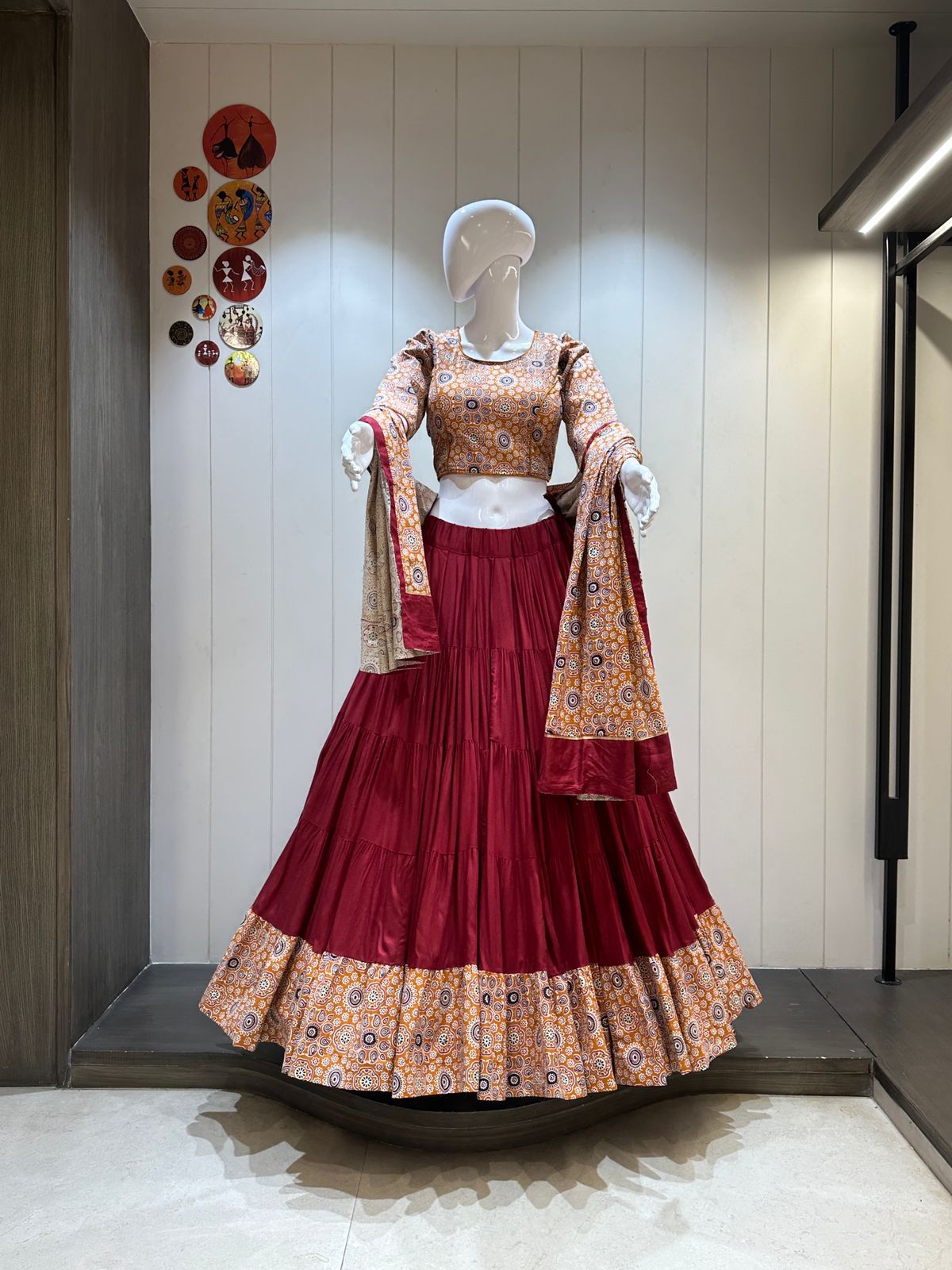 Maroon Chaniya Choli for Navratri with 14 meter flare

