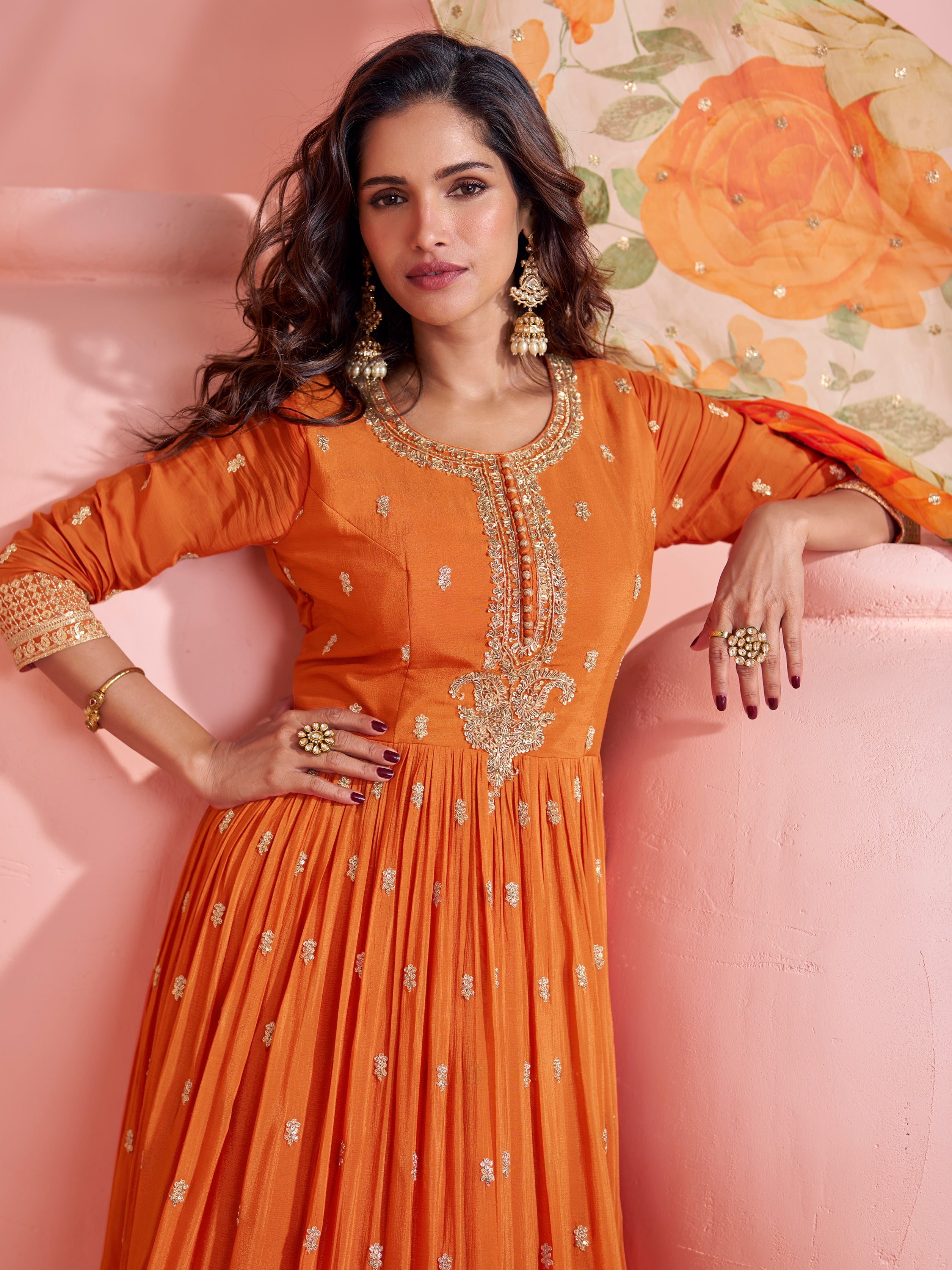 Burnt Orange Heavy Embroidered Anarkali Gown