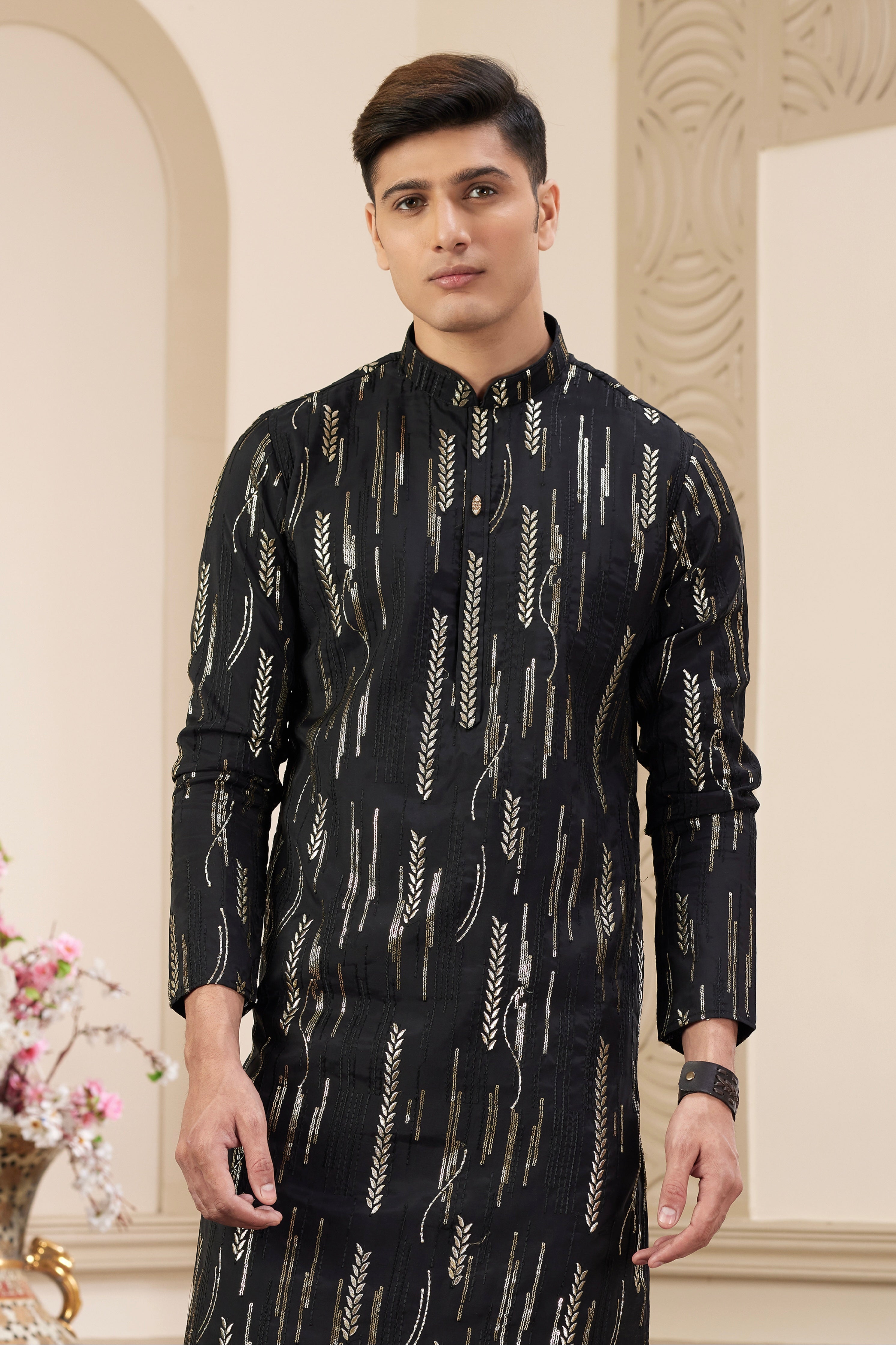 Reception wear black art silk kurta