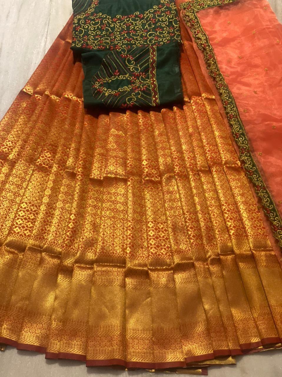 Beautiful Kanjiveram Silk Pure Zari HALF Saree with Blouse Along With Dupptta 