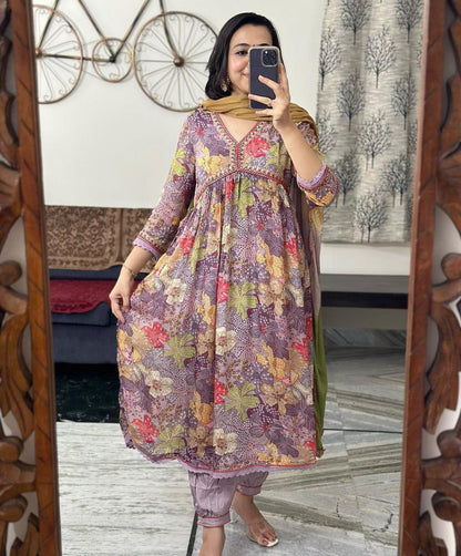 Beautiful Party Wear Pure Muslin Alia Cut Suit With Dupatta - Anant Exports