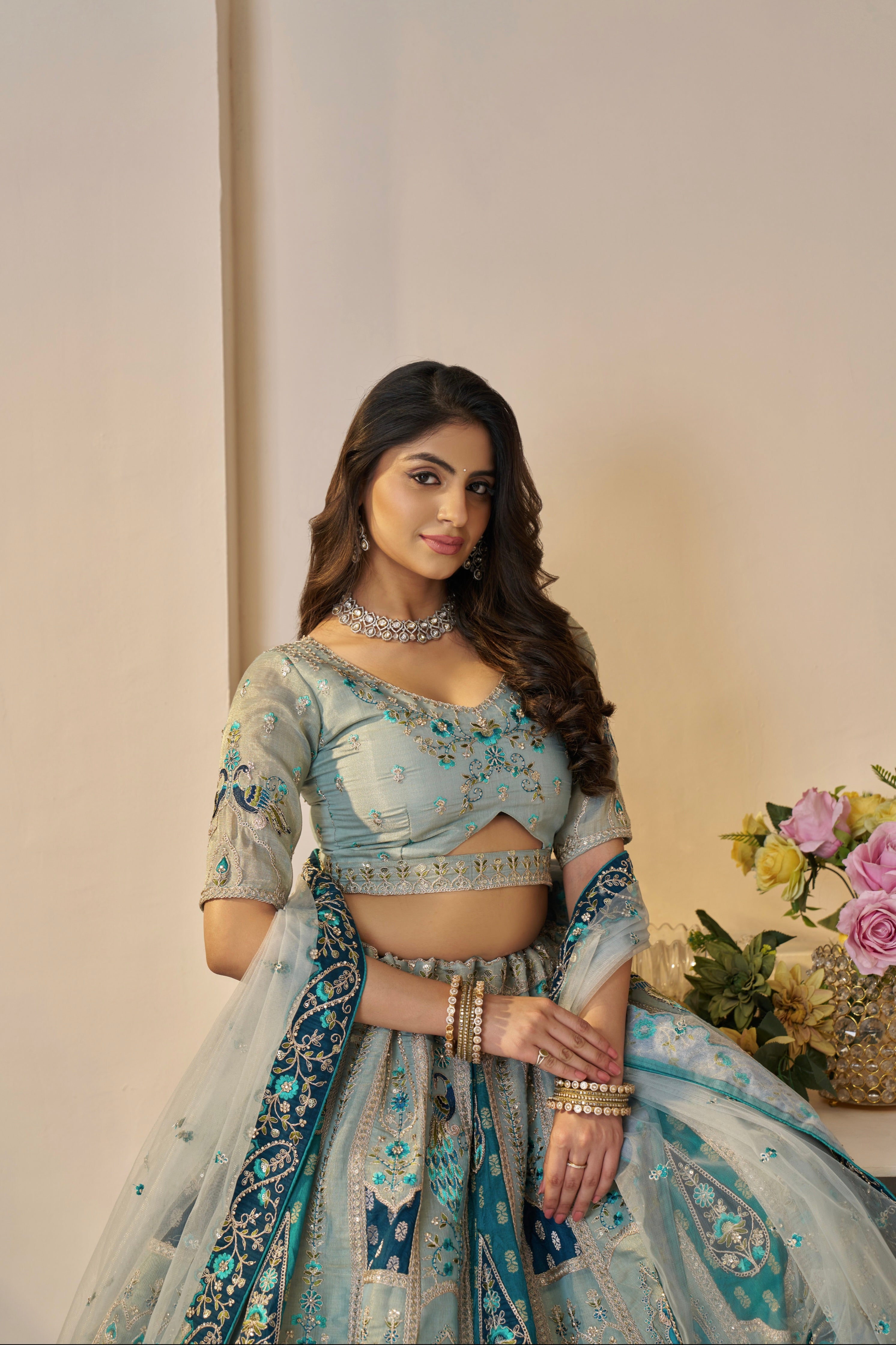Sky Blue Banarasi Silk Lehenga Set