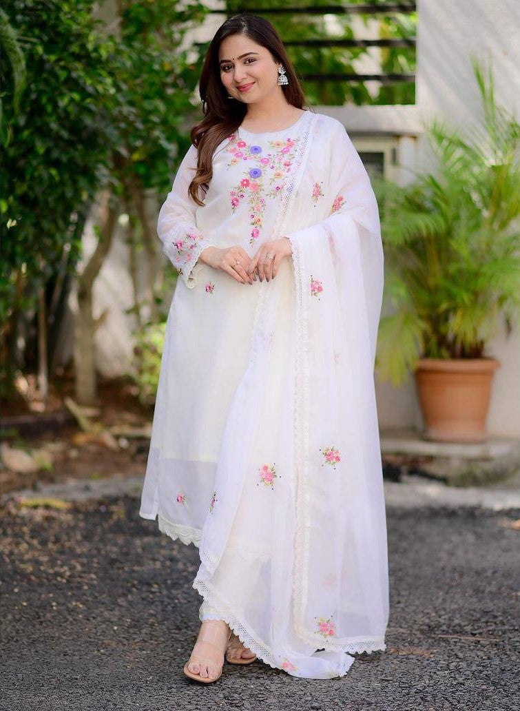 White Georgette Kurti Set with Floral Embroidery & Dupatta