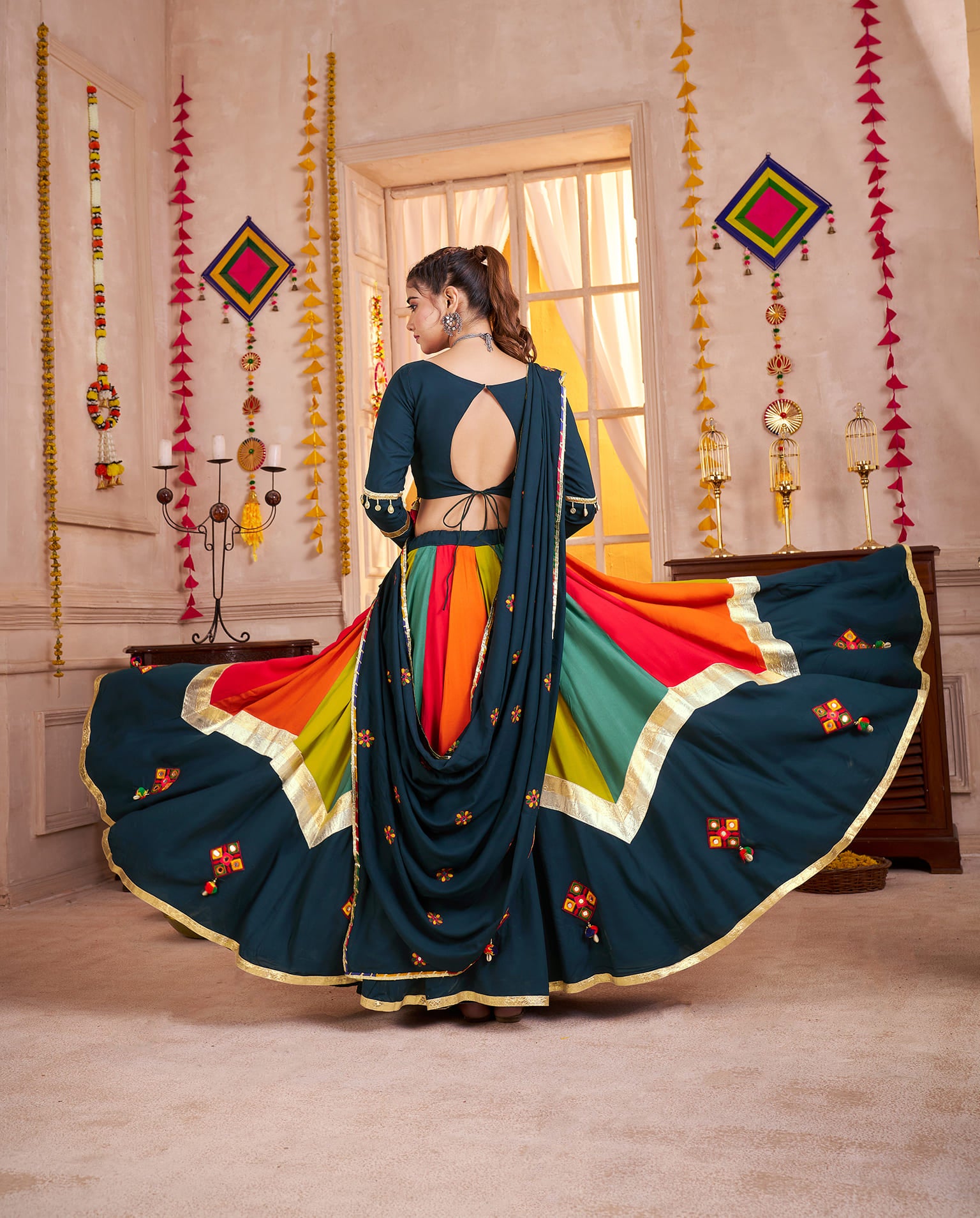 Teal Blue Multicolor Navratri Chaniya Choli with Mirror Work