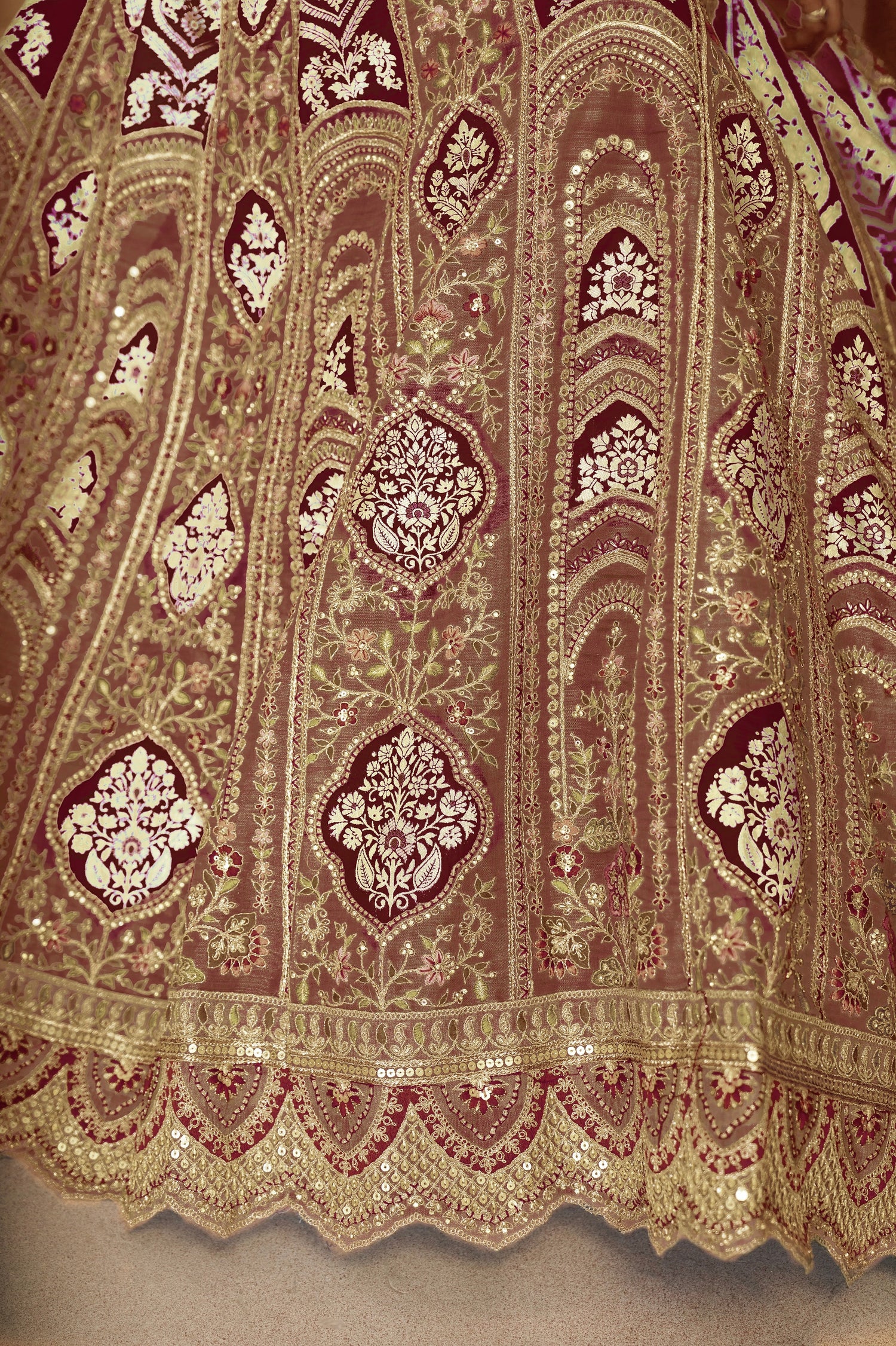 Brown Banarasi Silk Lehenga with Aari Embroidery &amp; Dupatta