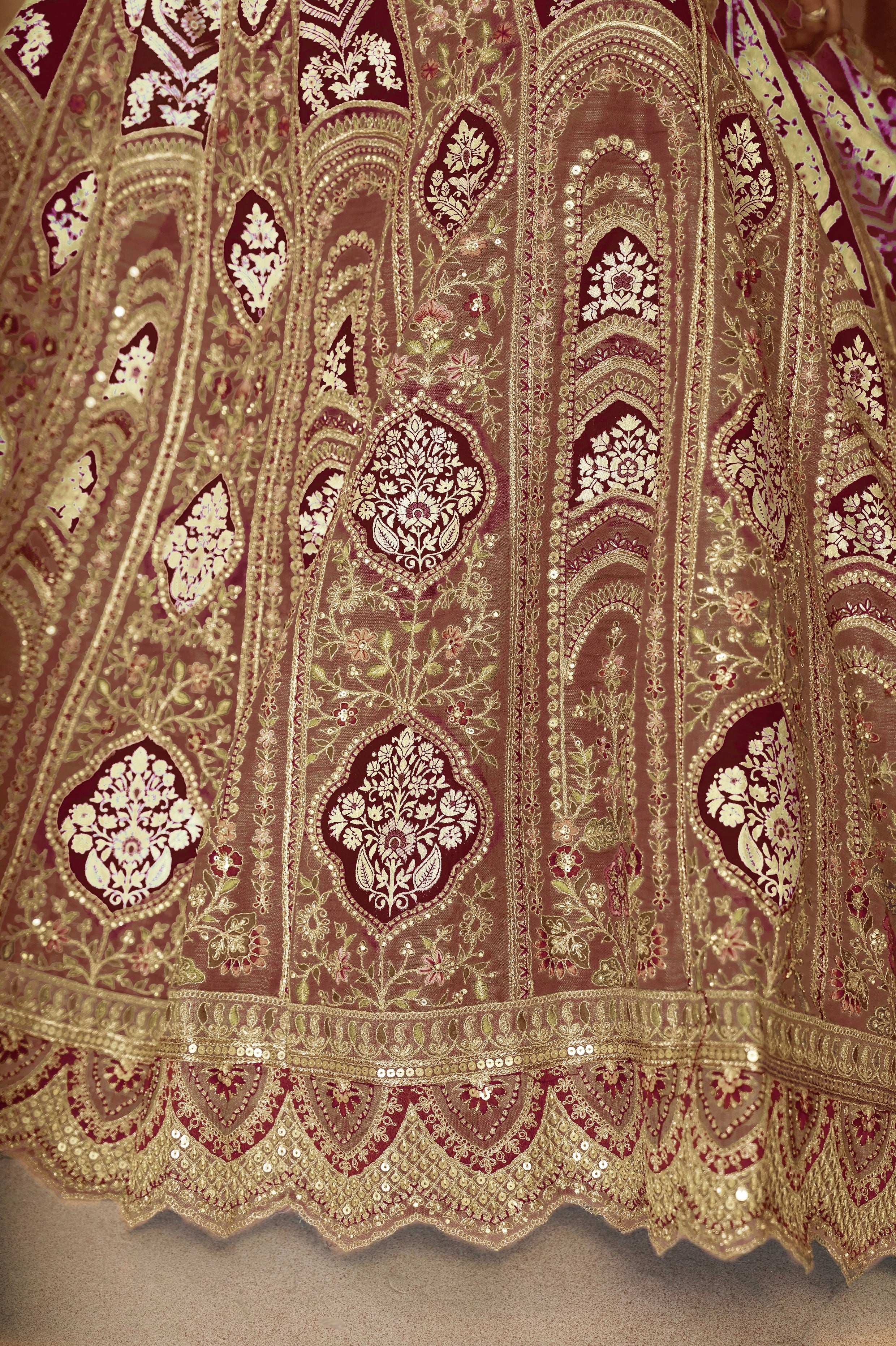 Brown Banarasi Silk Lehenga with Aari Embroidery &amp; Dupatta