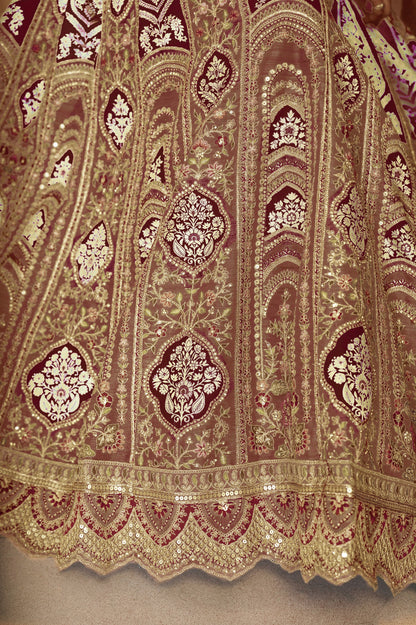 Brown Banarasi Silk Lehenga with Aari Embroidery &amp; Dupatta