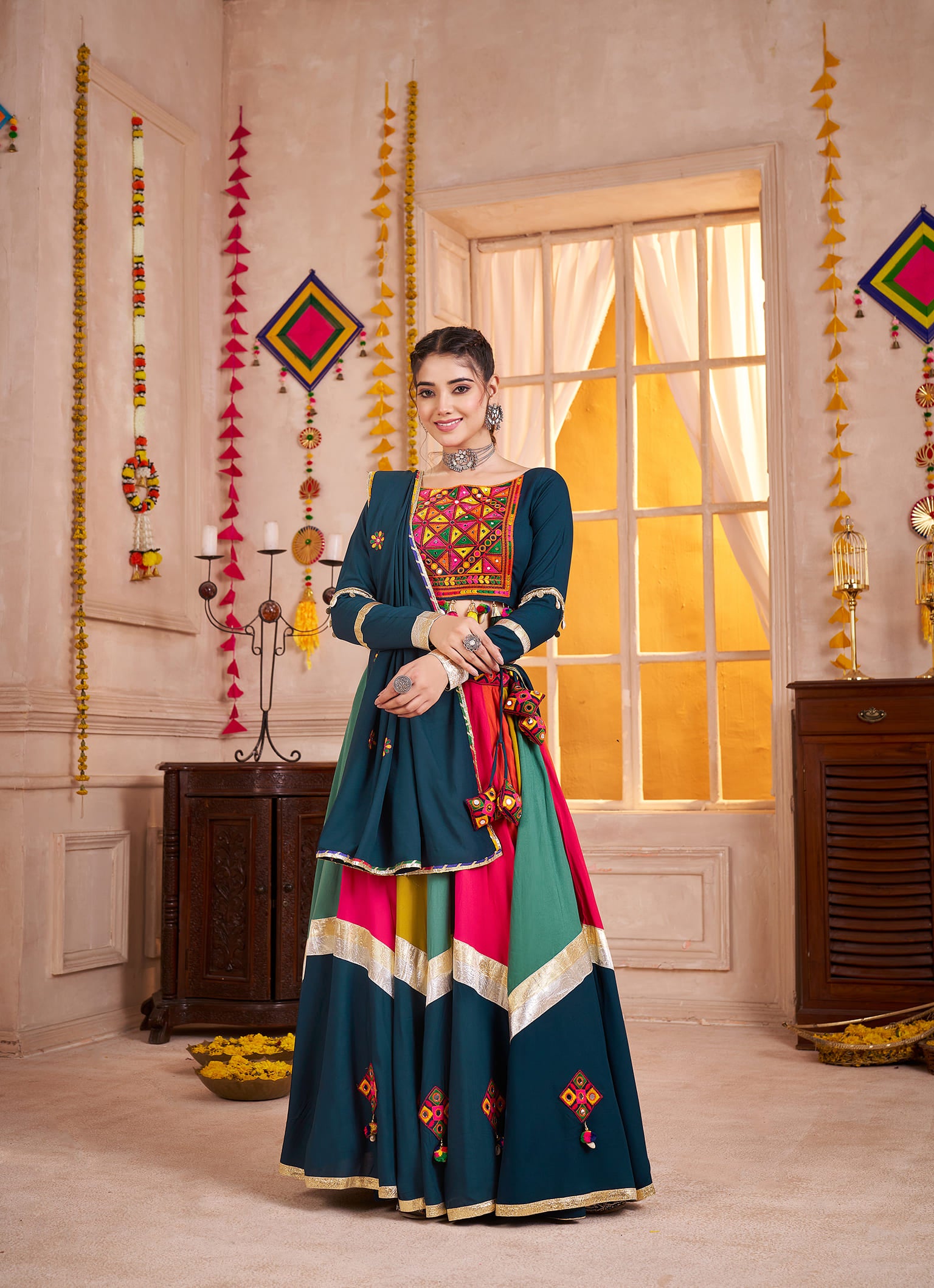 Teal Blue Multicolor Navratri Chaniya Choli with Mirror Work