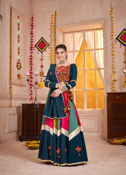 Teal Blue Multicolor Navratri Chaniya Choli with Mirror Work