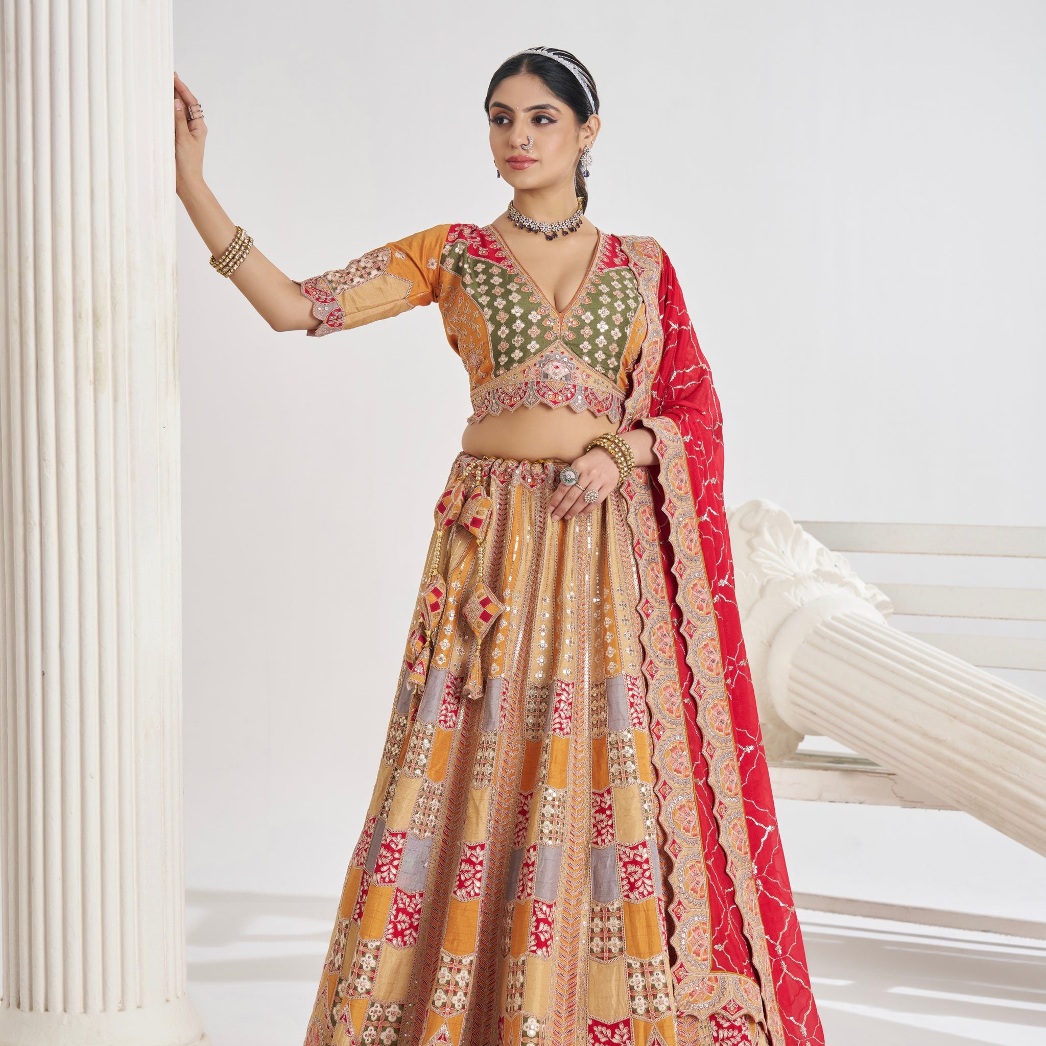 Mustard Dola Silk Bridal Lehenga with Red Dupatta