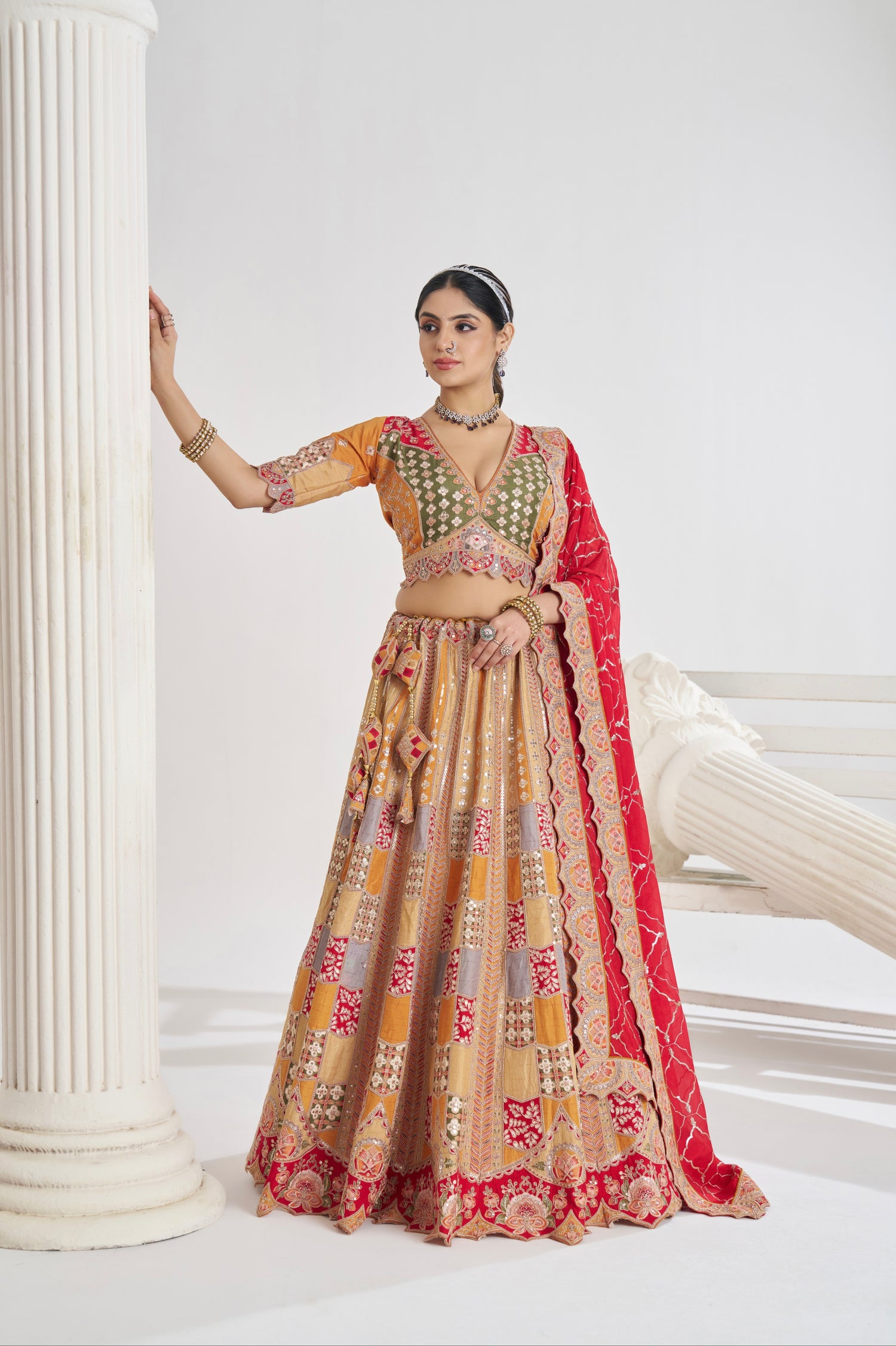 slim fit dress slacks Mustard Dola Silk Bridal Lehenga with Red Dupatta