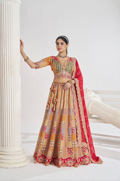 Mustard Dola Silk Bridal Lehenga with Red Dupatta