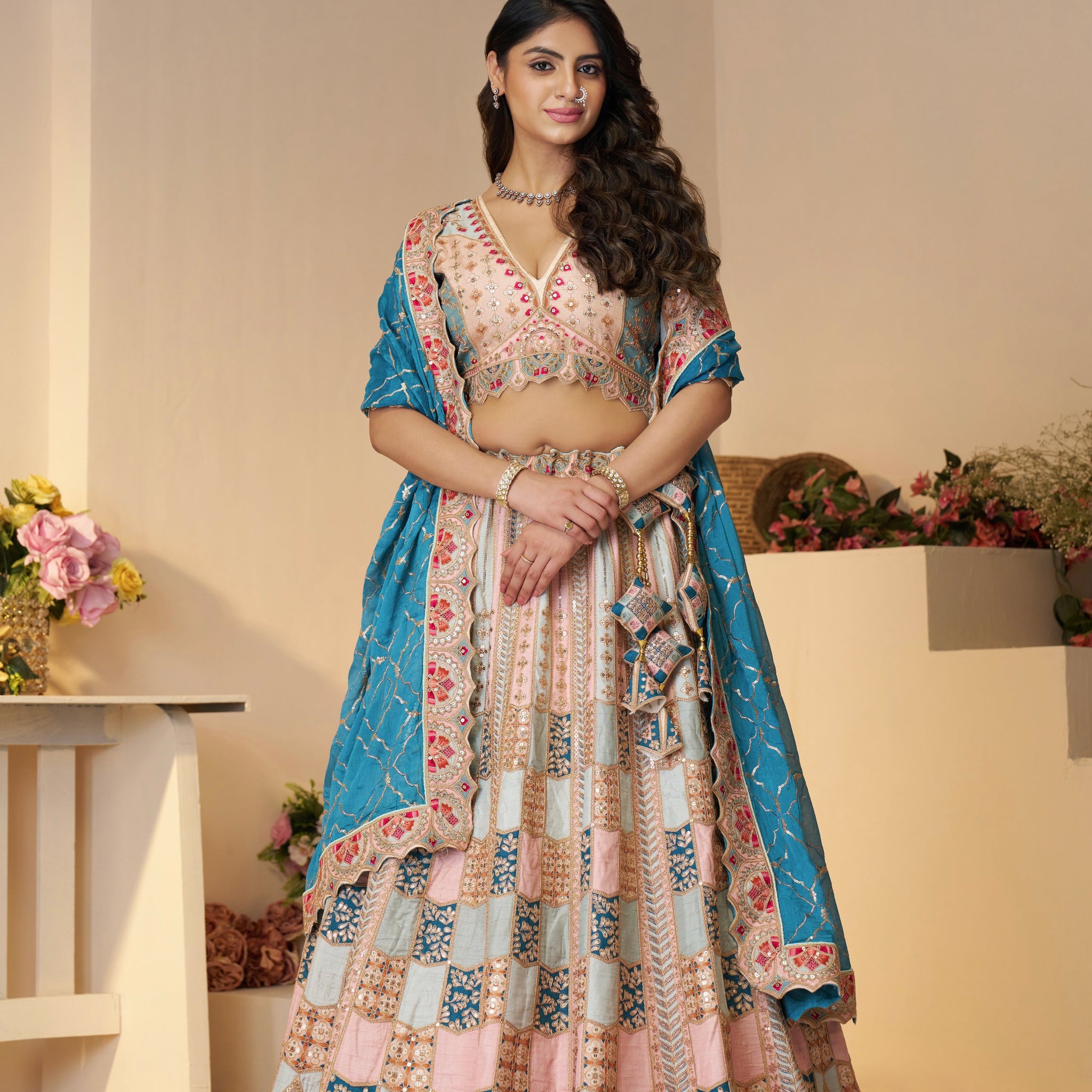 Pastel Bridal Lehenga with Sky Blue Dupatta