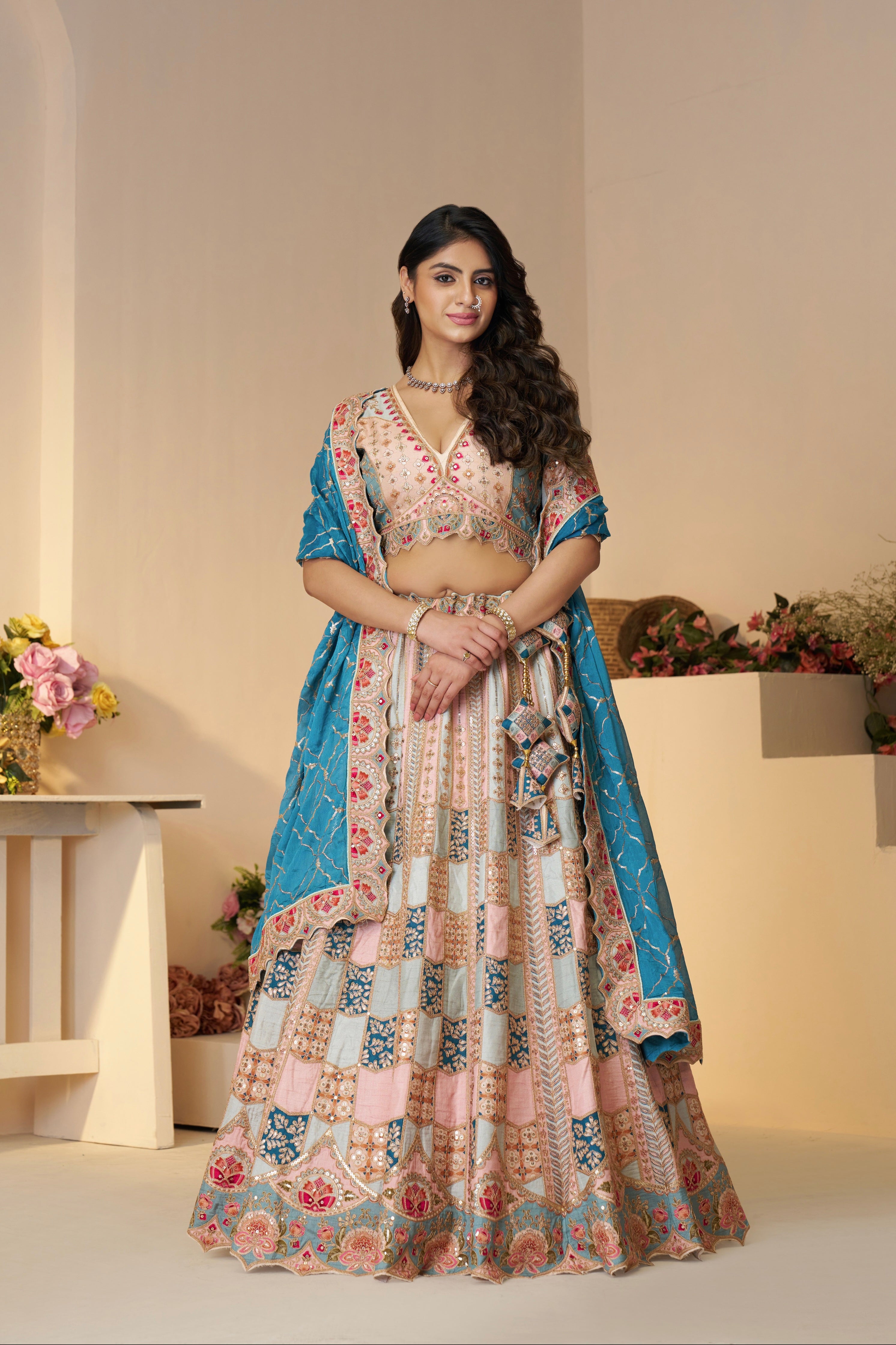 Pastel Bridal Lehenga with Sky Blue Dupatta
