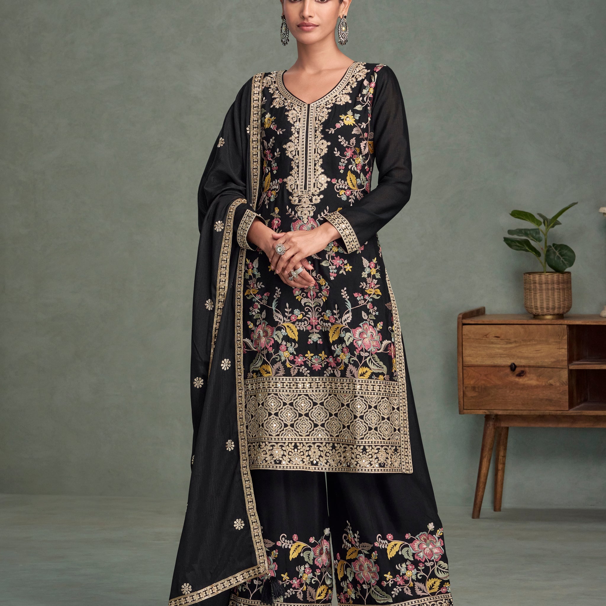 Black Chinnon Silk Embroidered Palazzo Suit