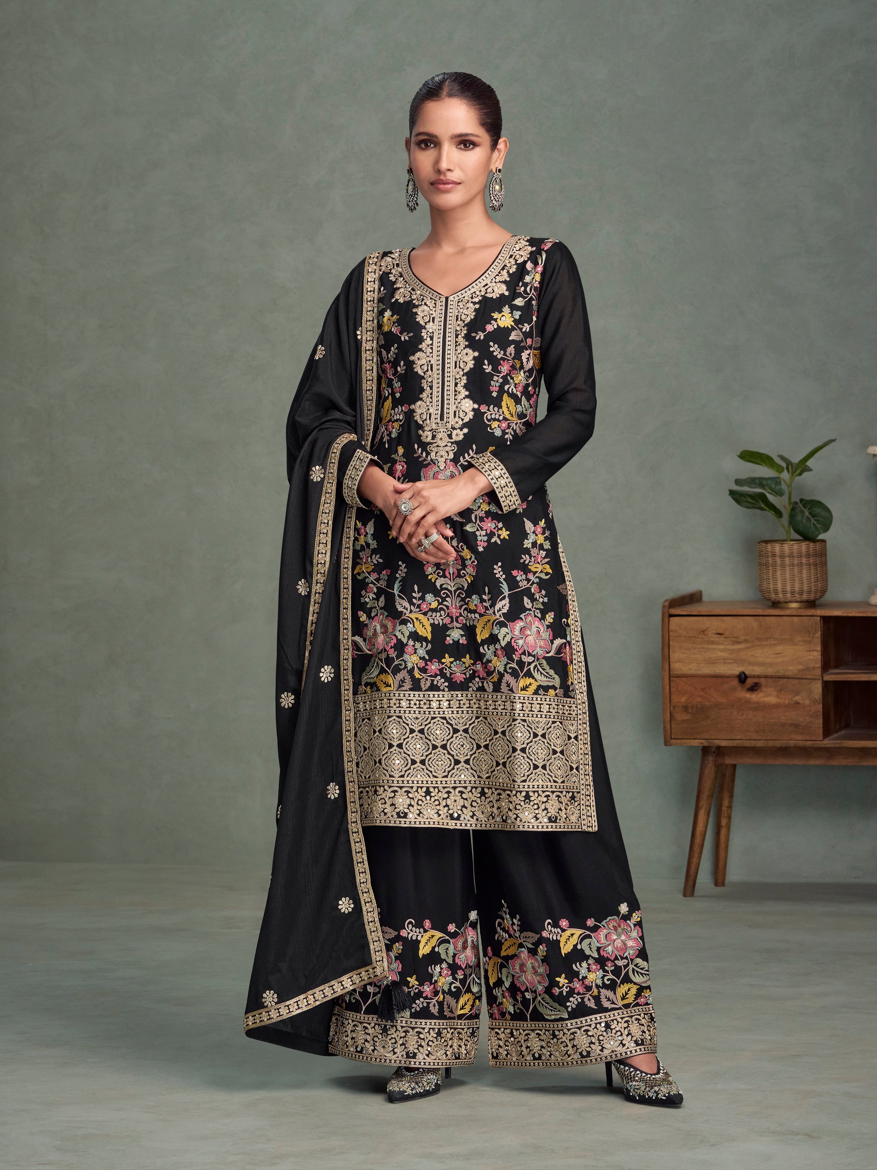 Black Chinnon Silk Embroidered Palazzo Suit