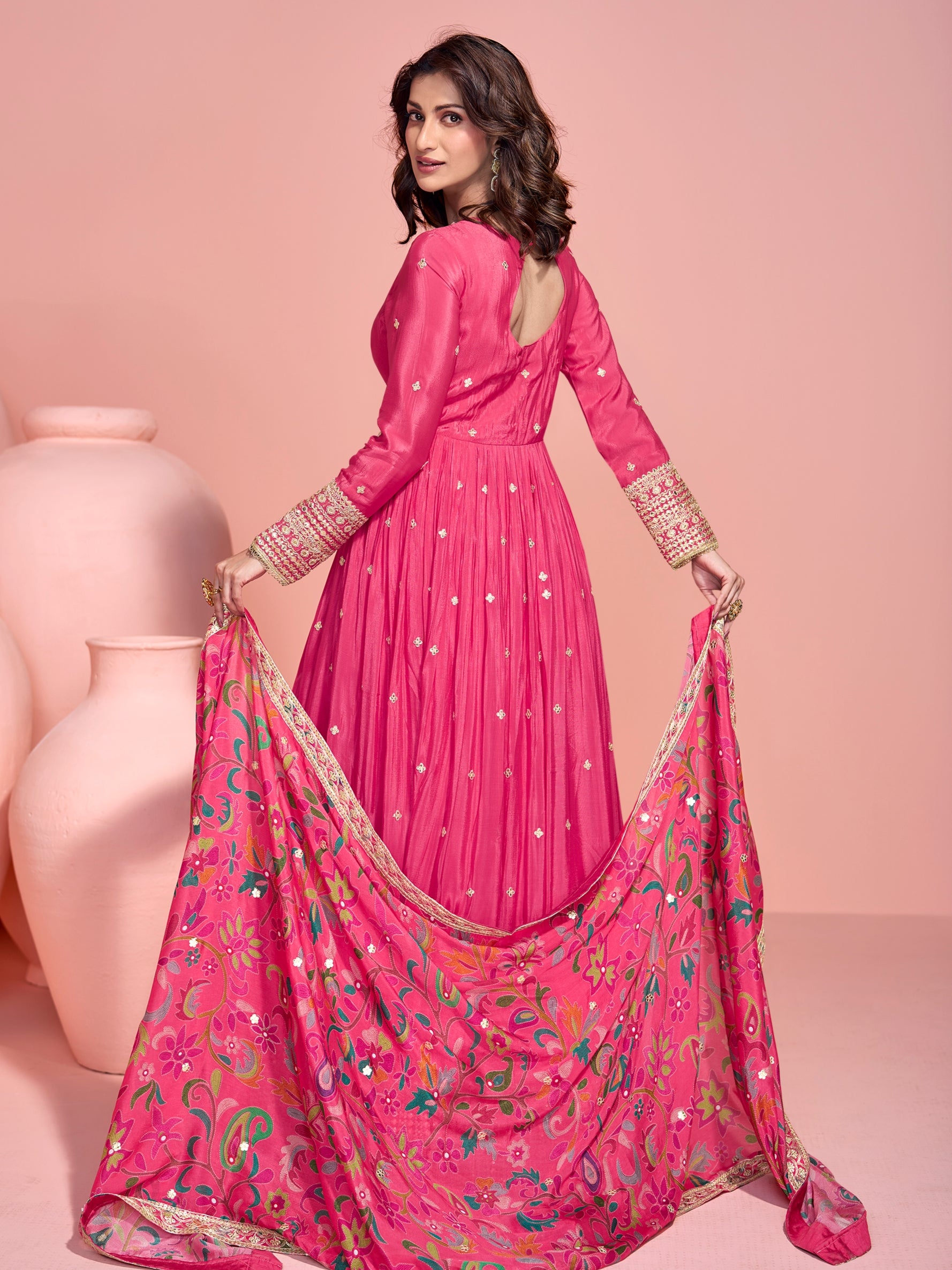 Rani Pink Heavy Embroidered Anarkali Gown